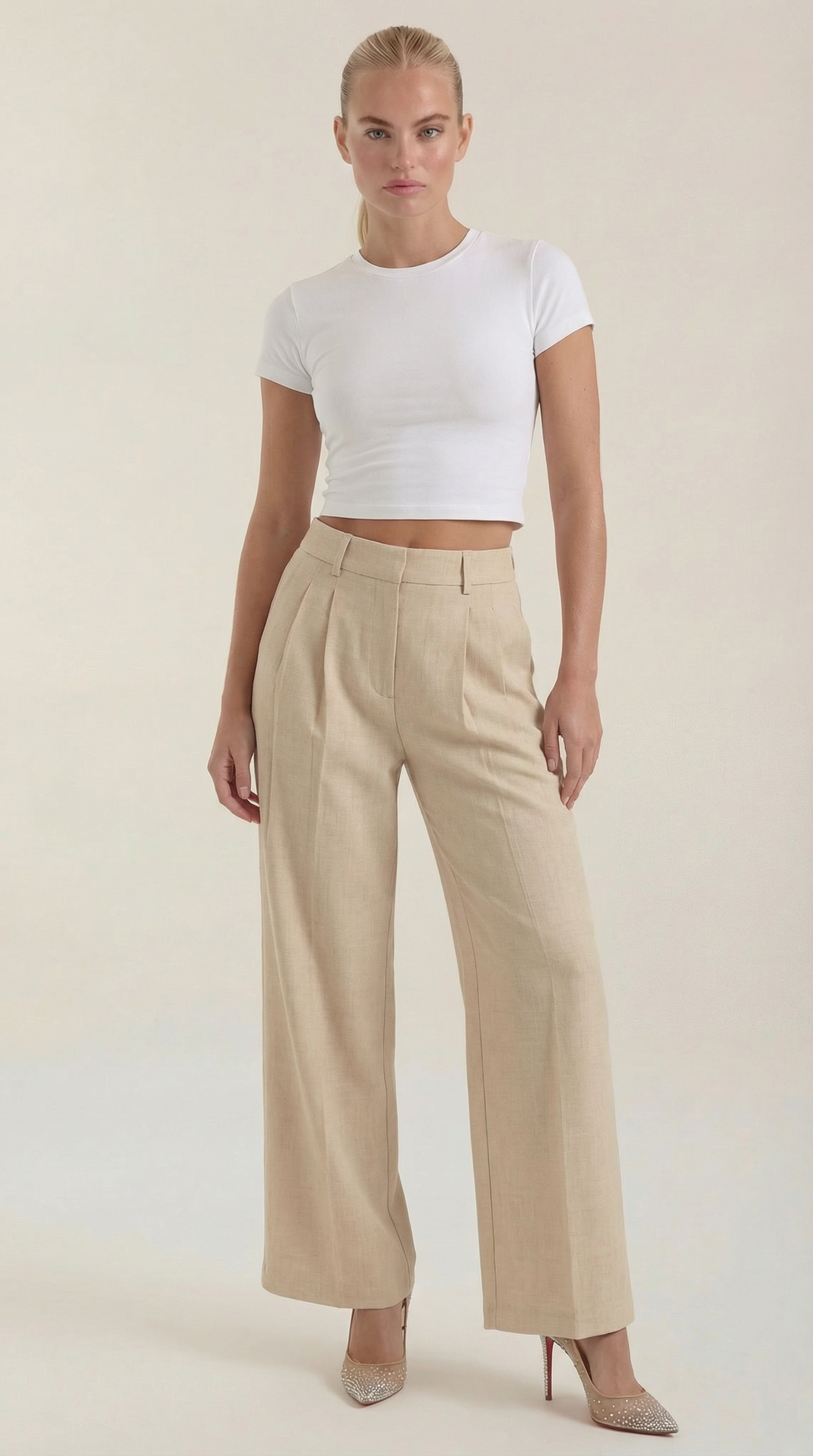 Courtney Women's Pleated High-Rise Wide Leg Trousers - Beige