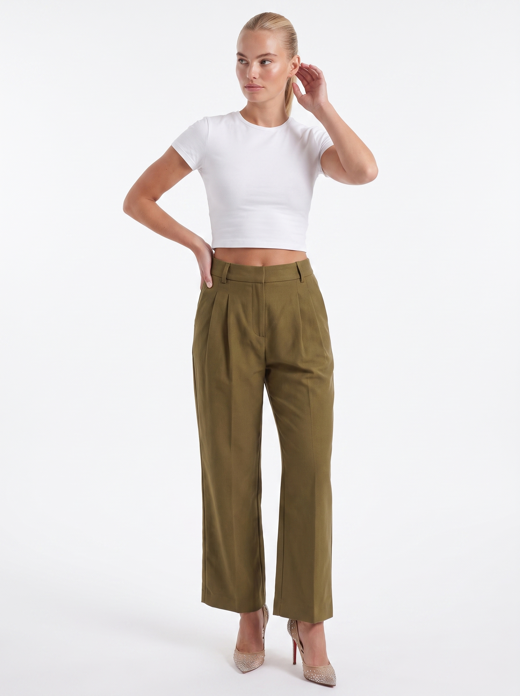 Courtney Women's Pleated High-Rise Wide Leg Trousers - Dark Green