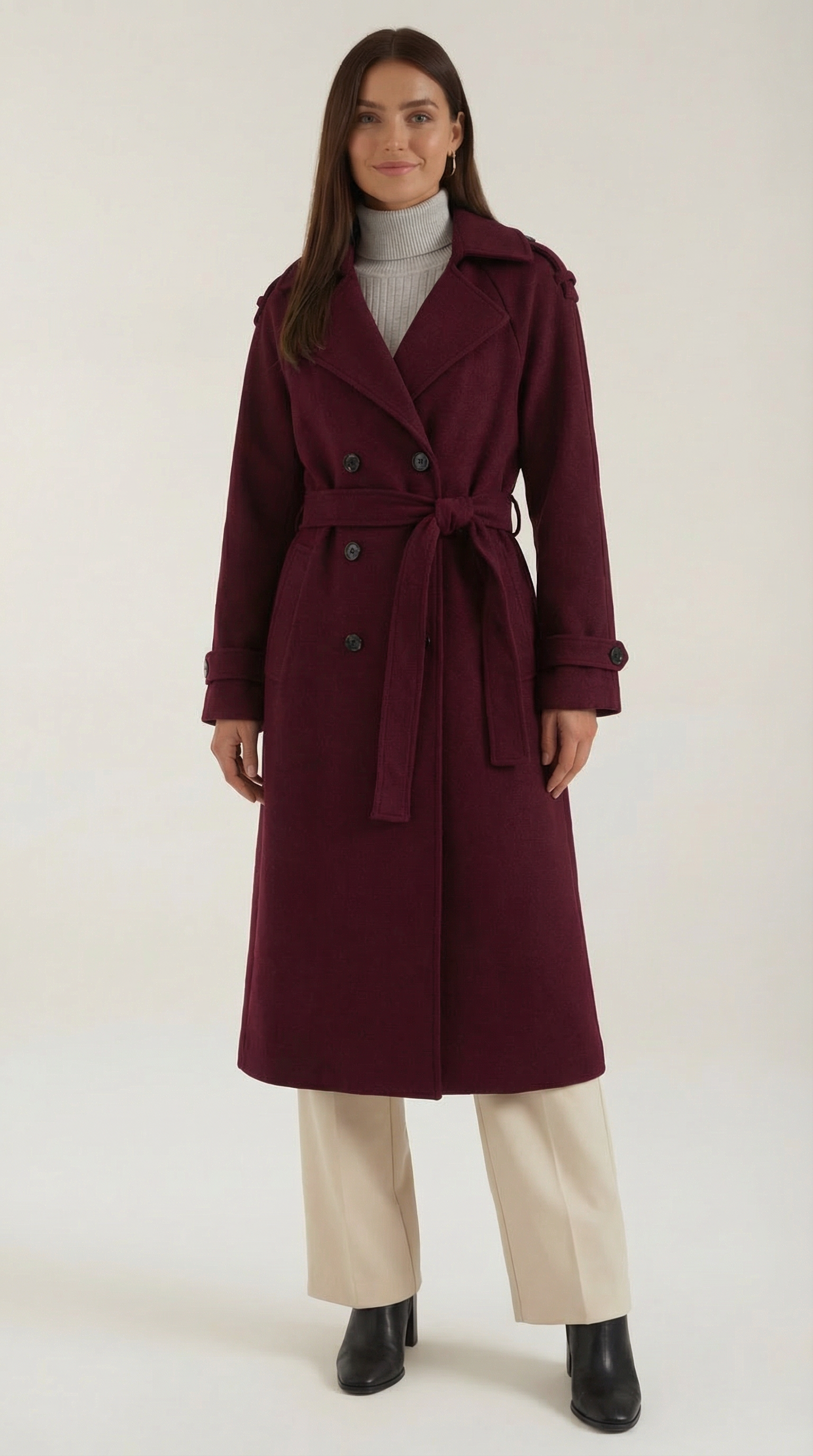 Dolores Women's Belted Button Front Trench Coat - Burgundy