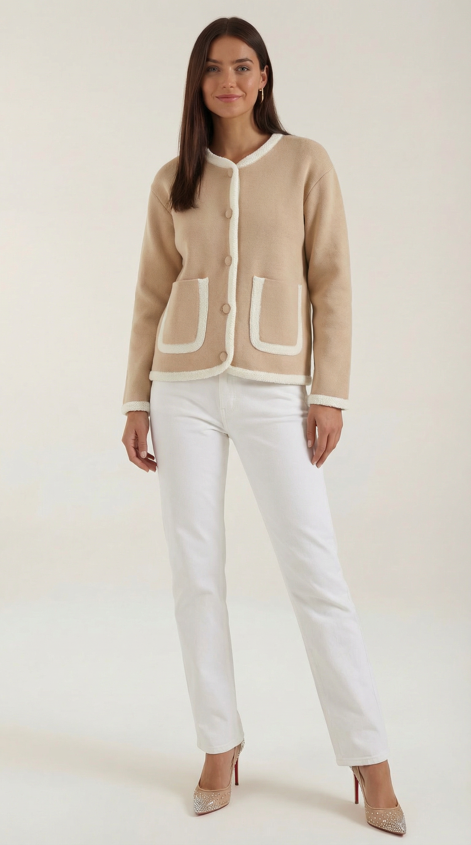 Donna Women's Patch Pocket Cropped Knitted Cardigan - Beige