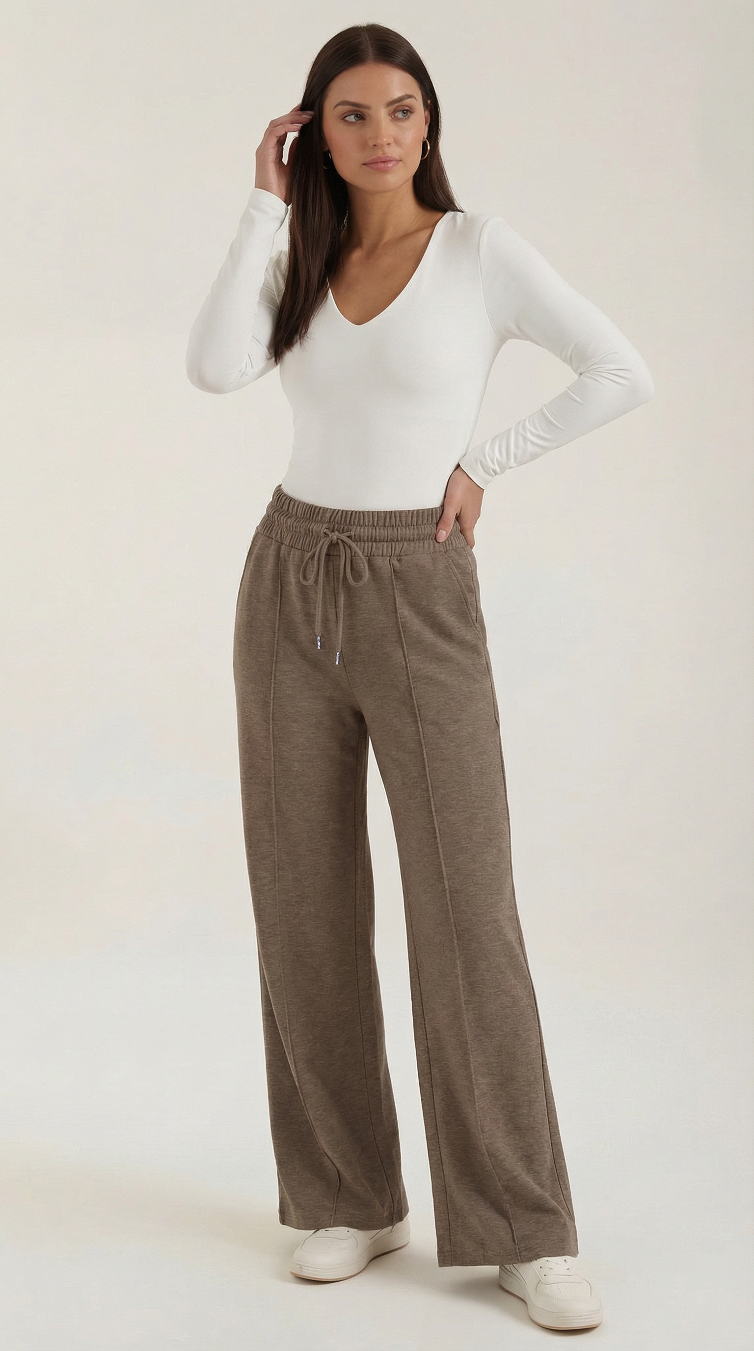 Ellie Women's Drawstring Wide Leg Casual Trousers - Brown