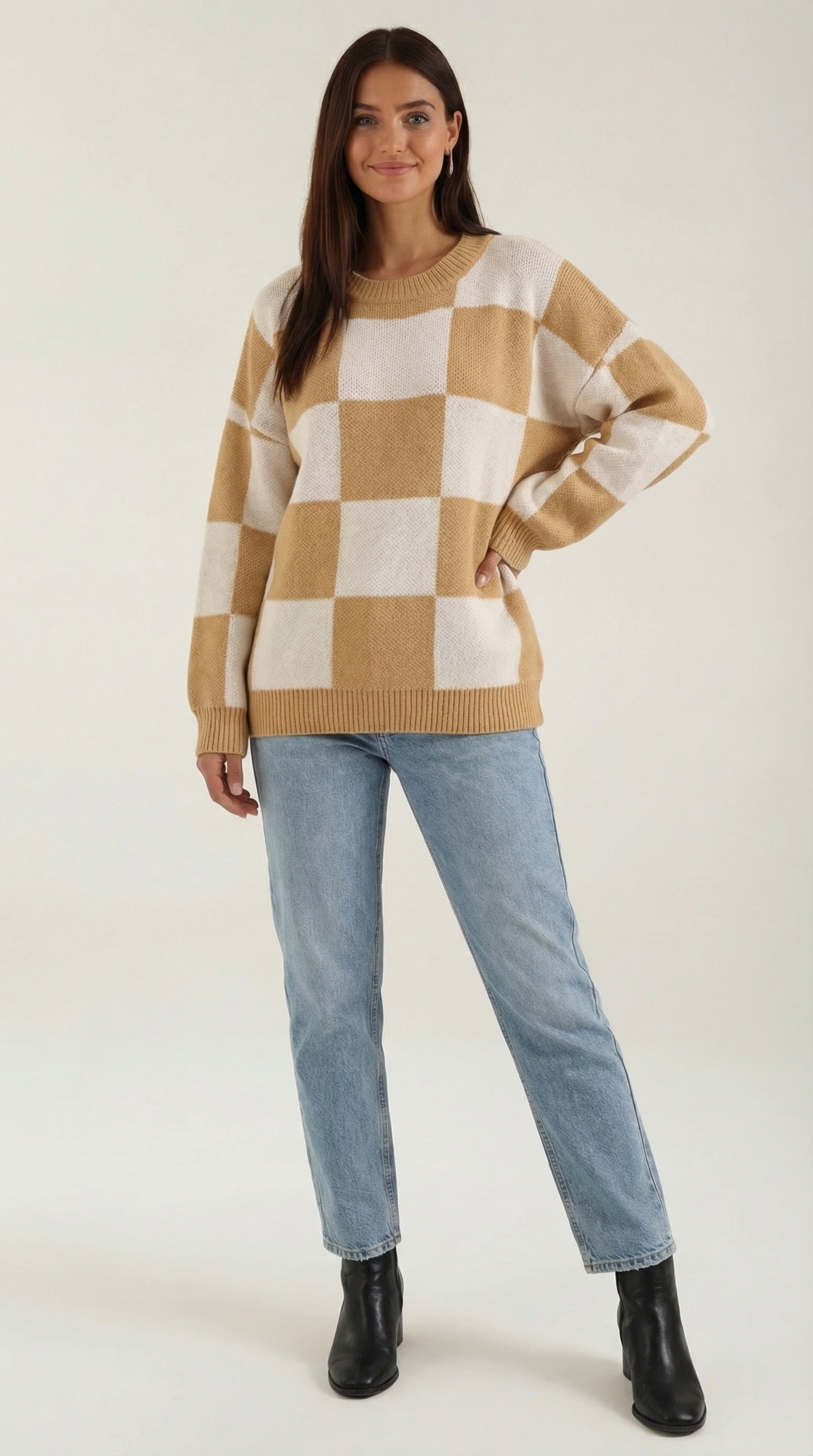 Emma Women's Oversized Checkerboard Knit Jumper - Khaki