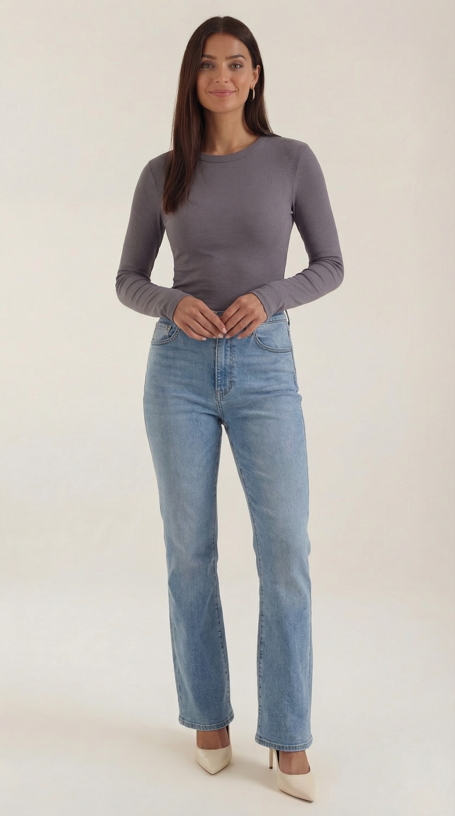 Freya Women's Crew Neck Ribbed Long Sleeve Top - Smoke Grey