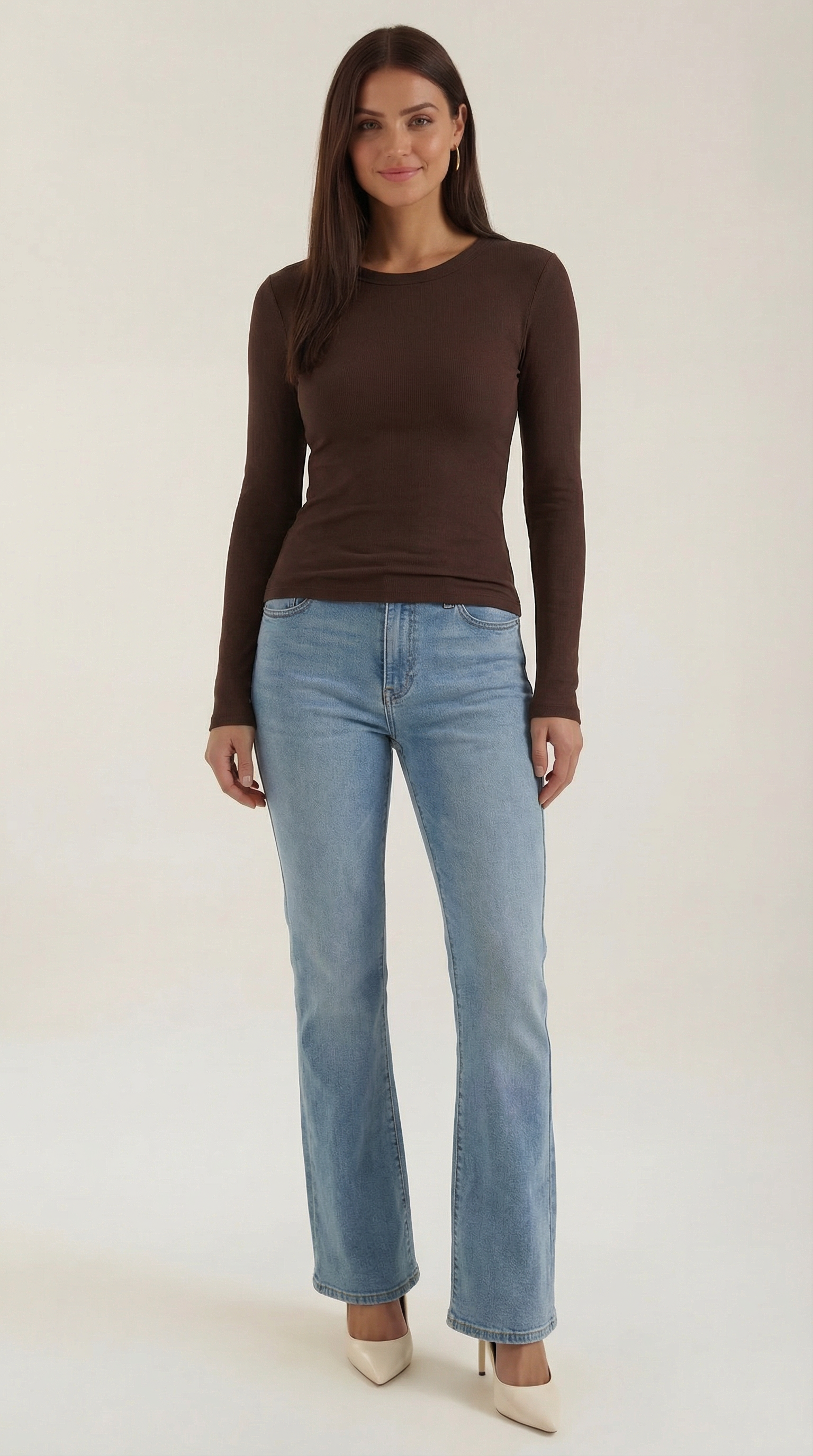 Freya Women's Crew Neck Ribbed Long Sleeve Top - Coffee