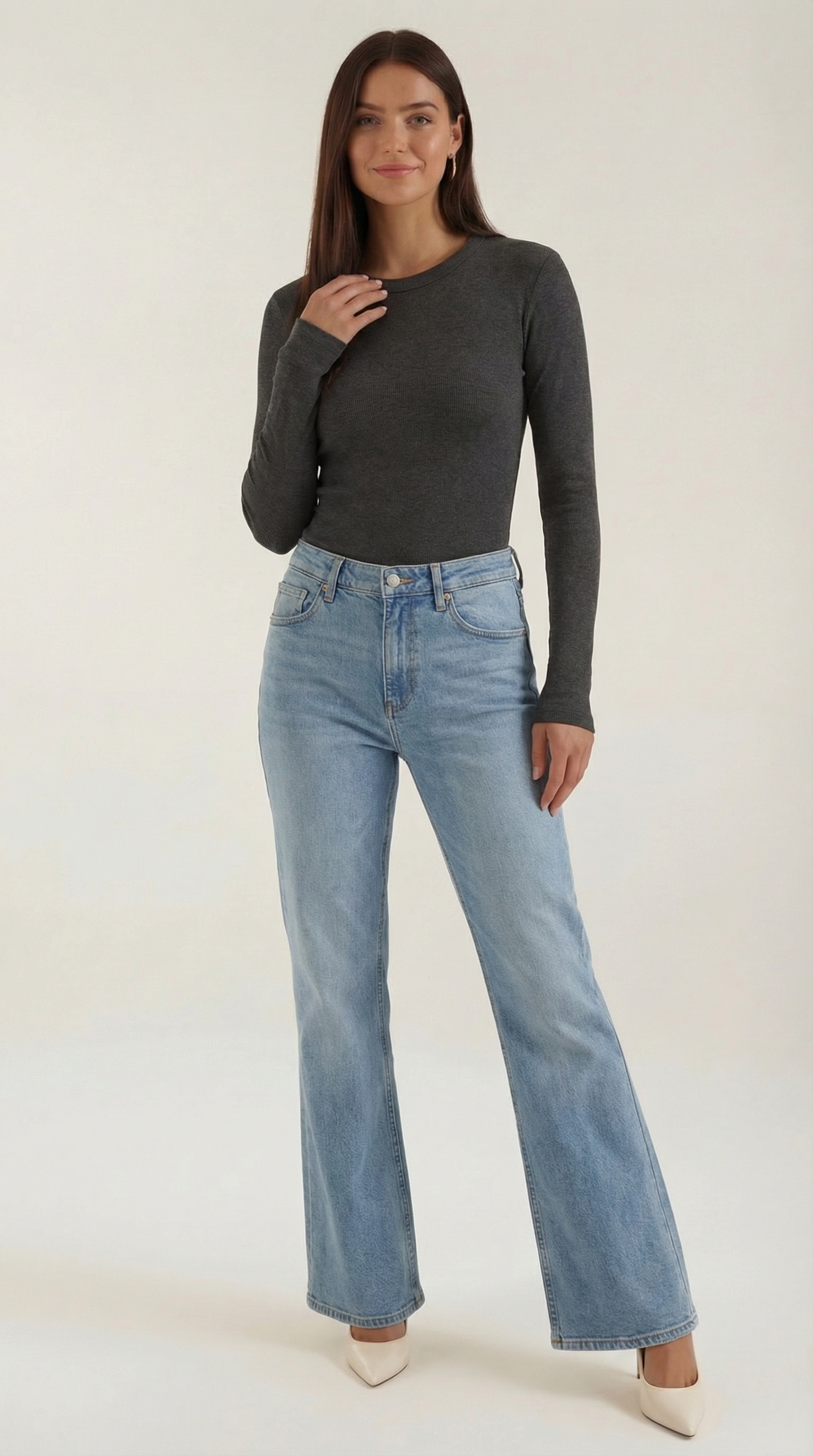 Freya Women's Crew Neck Ribbed Long Sleeve Top - Dark Grey