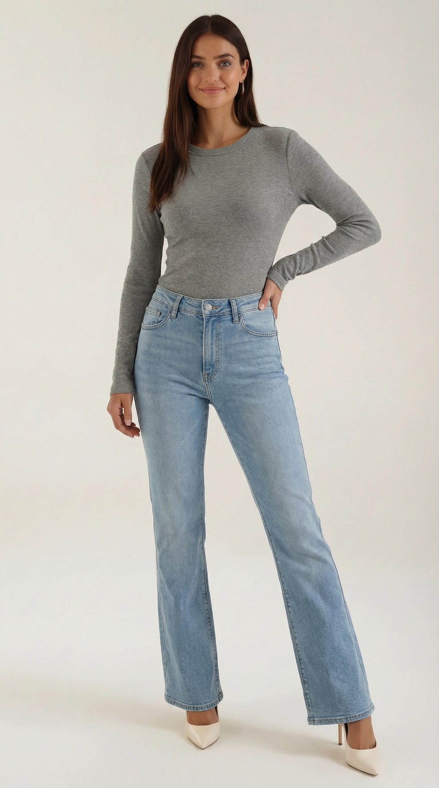 Freya Women's Crew Neck Ribbed Long Sleeve Top - Grey