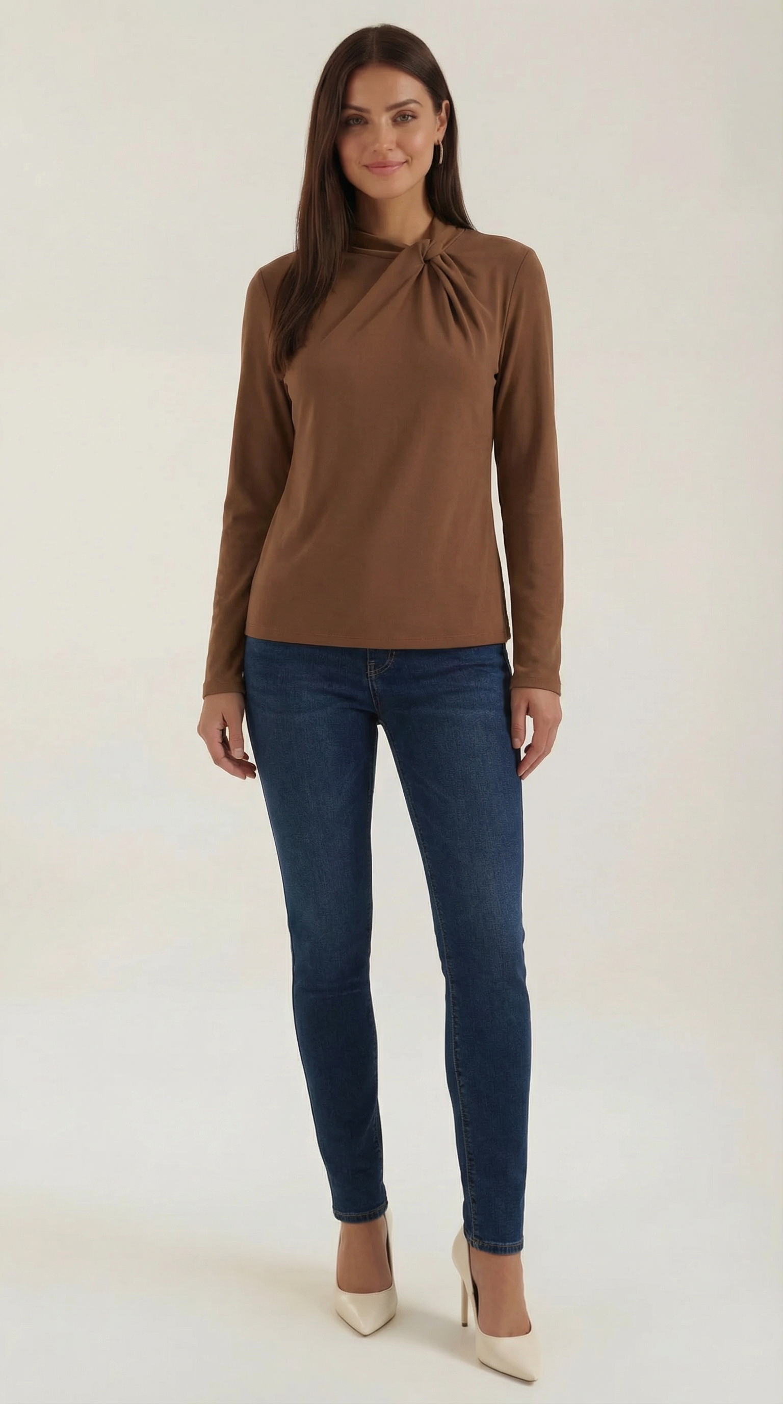 Jamie Women's Long Sleeve Knotted Mock Neck Blouse - Brown