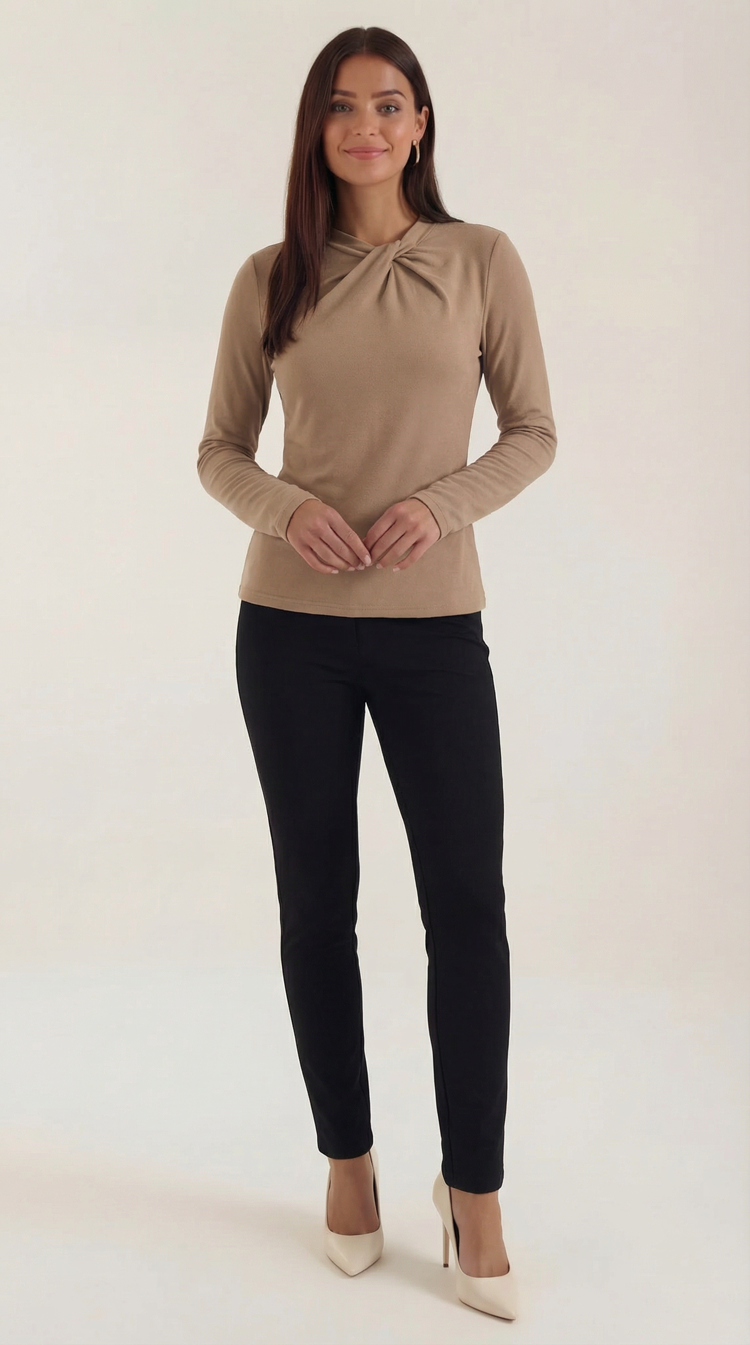 Jamie Women's Long Sleeve Knotted Mock Neck Blouse - Beige