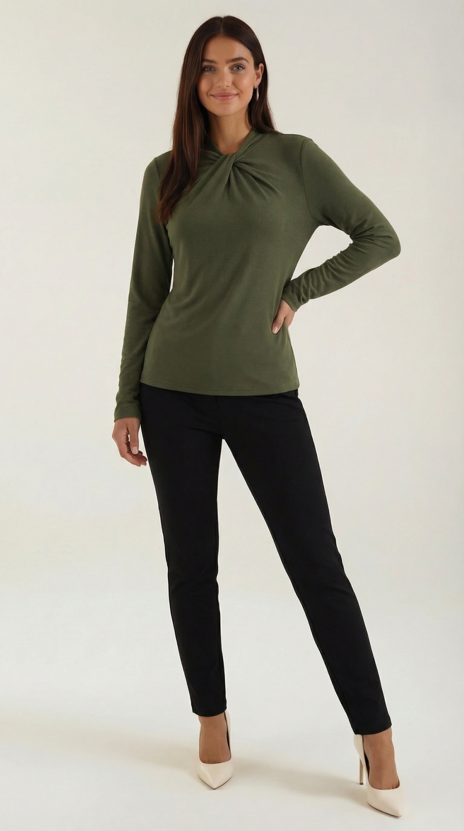 Jamie Women's Long Sleeve Knotted Mock Neck Blouse - Dark Green