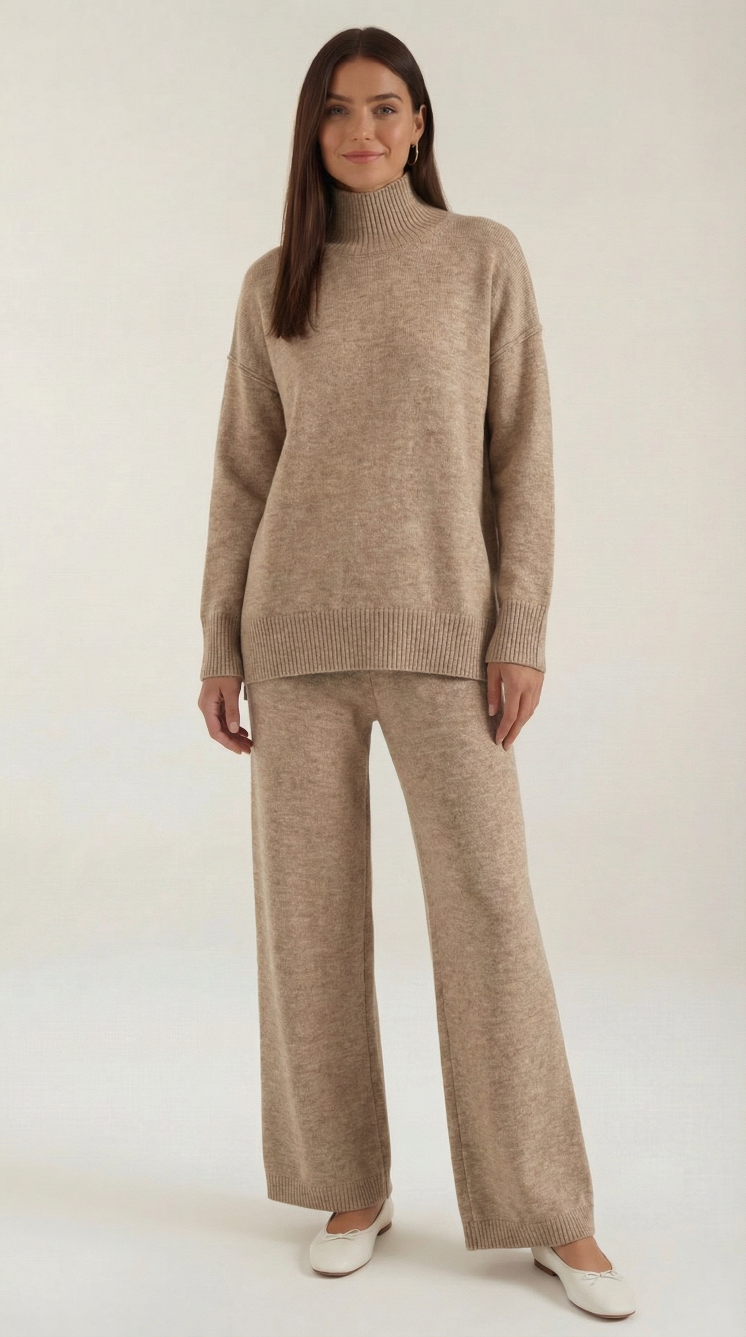 Jean Women's Knit Turtleneck Jumper and Trousers Set - Camel