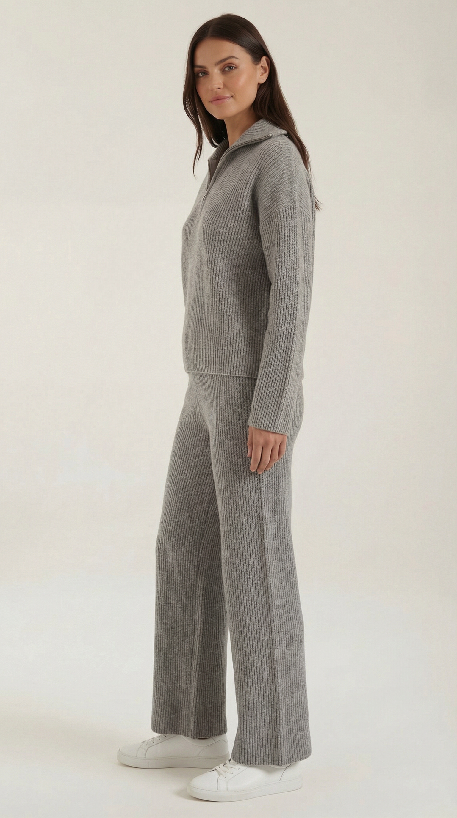 Joan Women's Half Zip Ribbed Knit Wide Leg Lounge Set