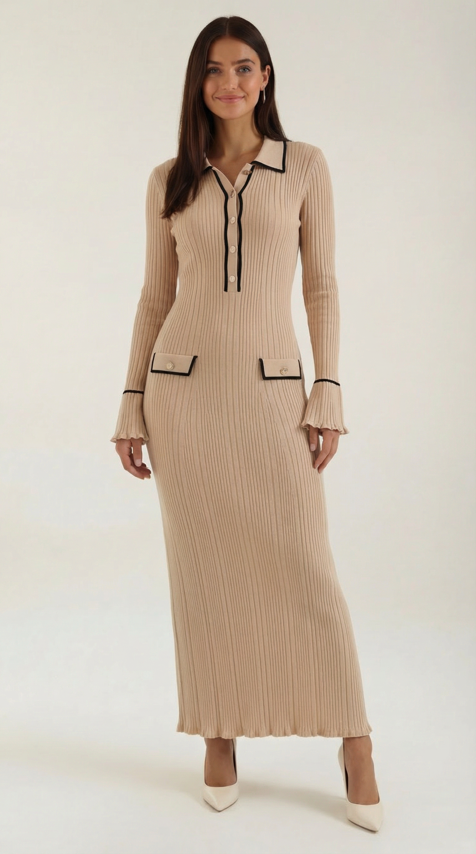 Josephine Women's Ribbed Knitted Bodycon Maxi Dress - Beige
