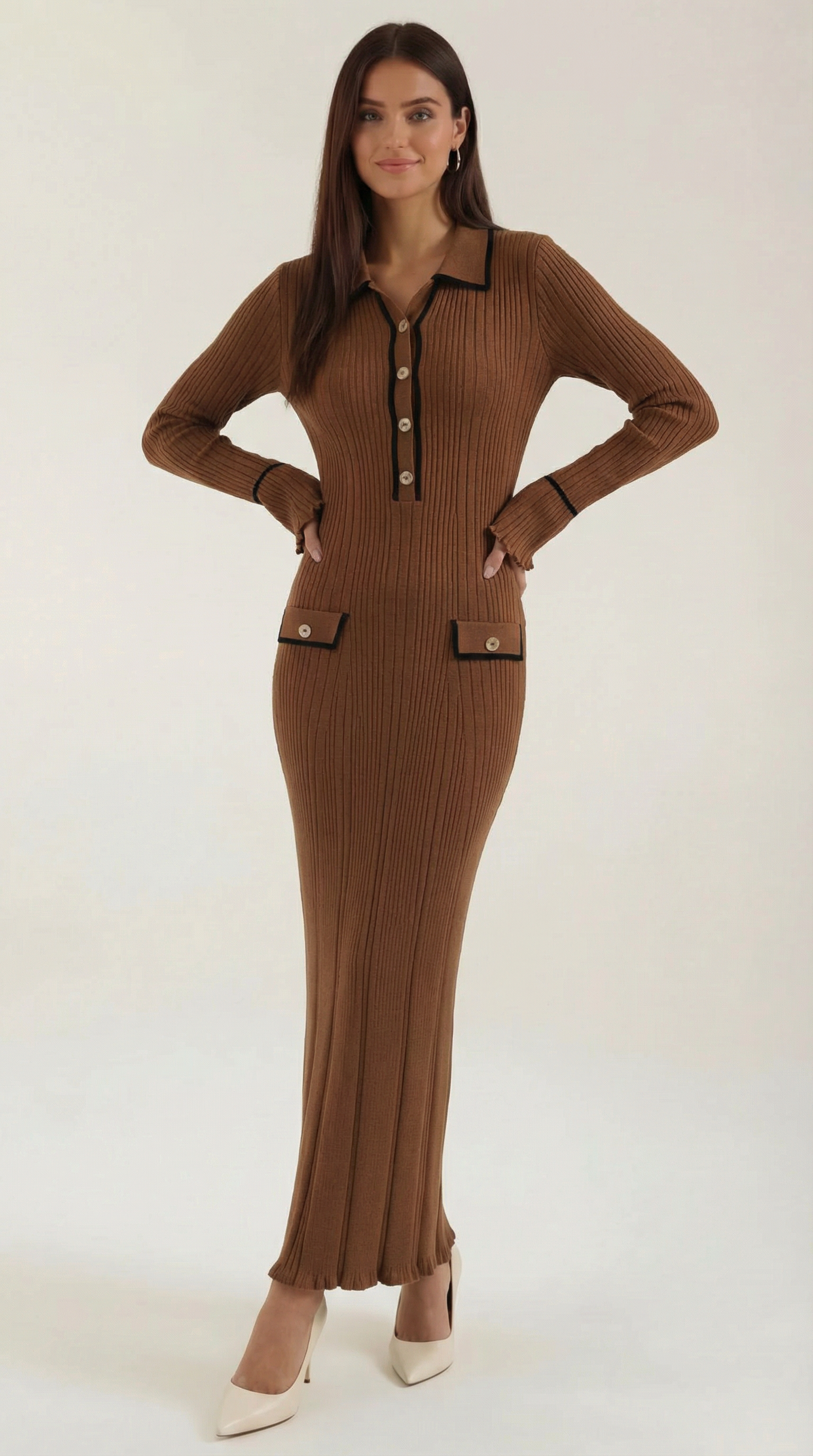 Josephine Women's Ribbed Knitted Bodycon Maxi Dress - Brown