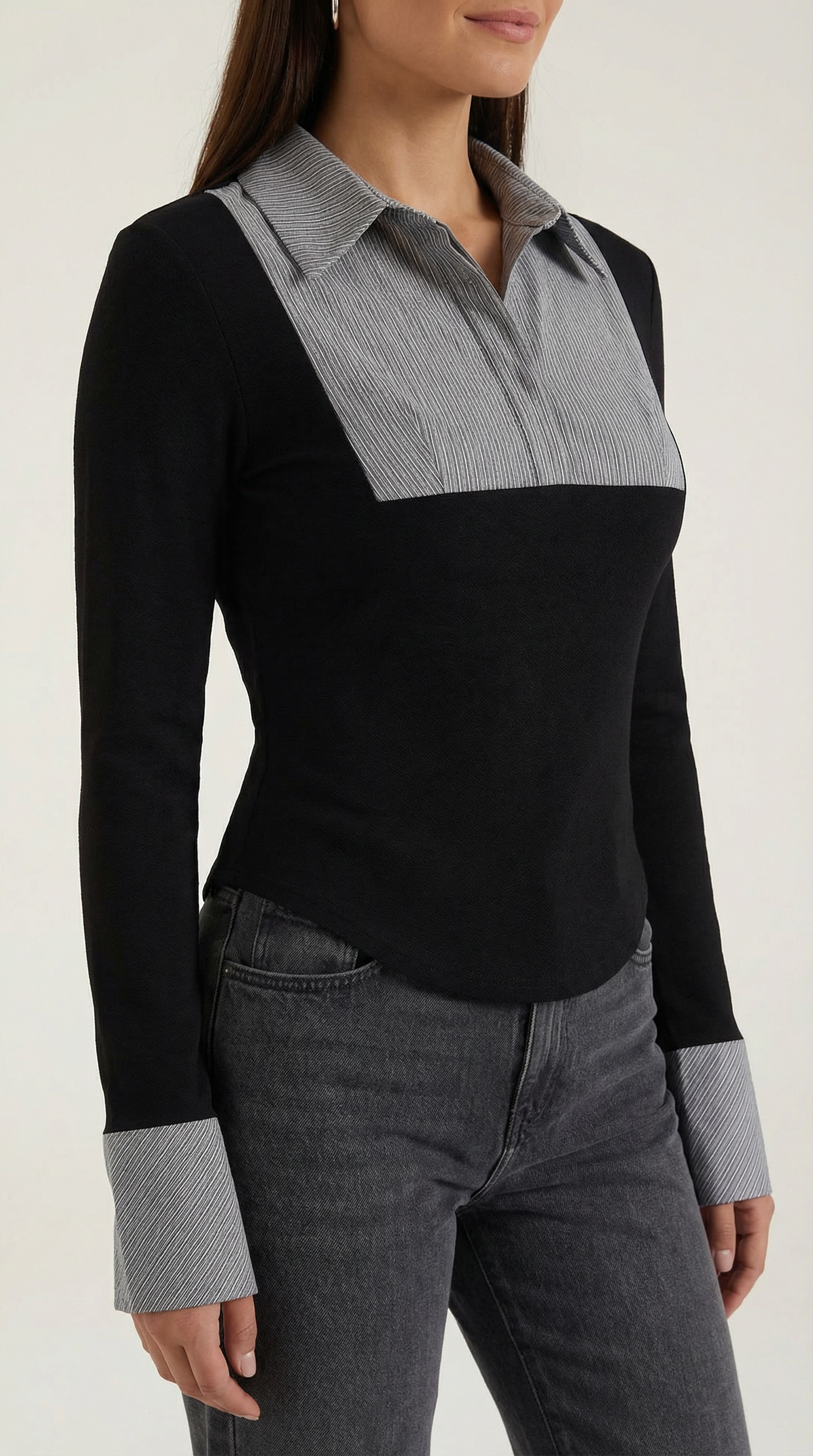 Kalliope Women's Pleated Bib Collared Long Sleeve Top