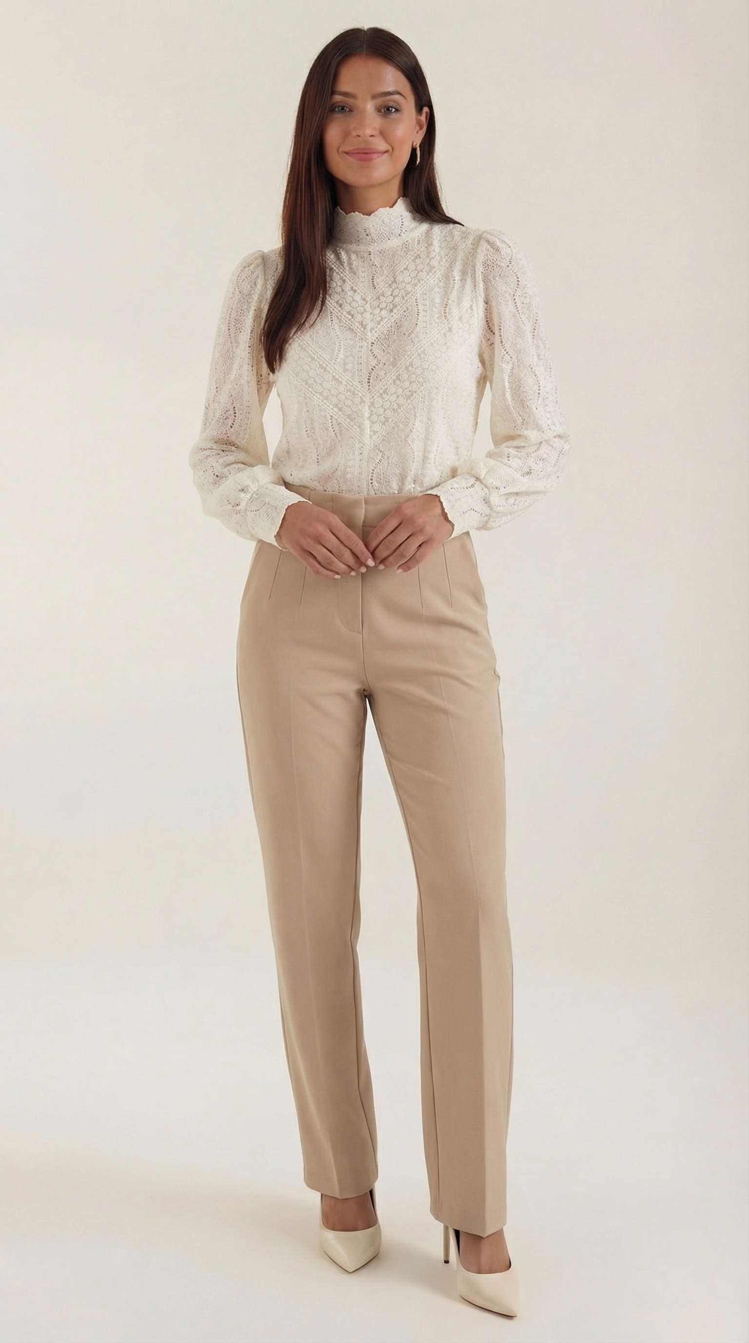 Loretta Women's Lace Mock Neck Long Sleeve Blouse - White