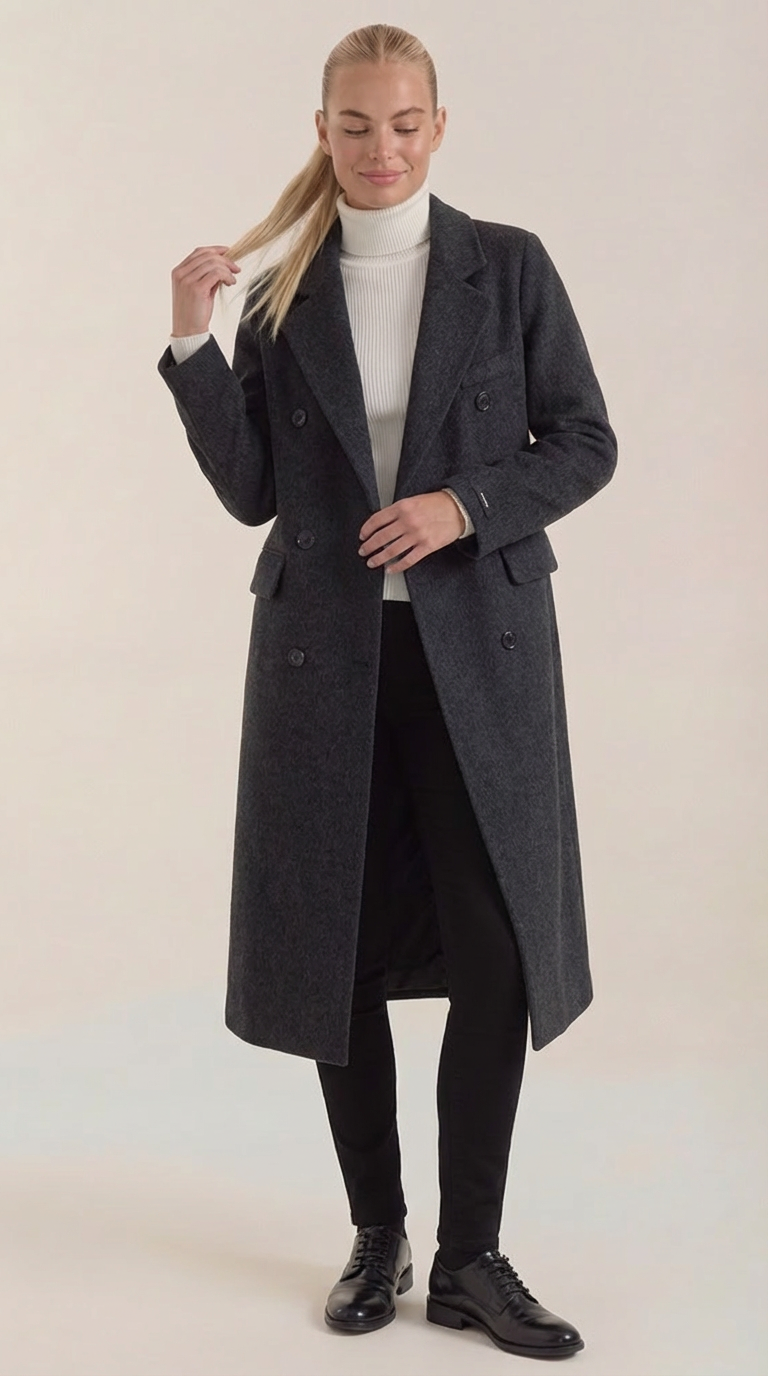 Lucille Women's Double-Breasted Wool-Look Longline Coat - Black