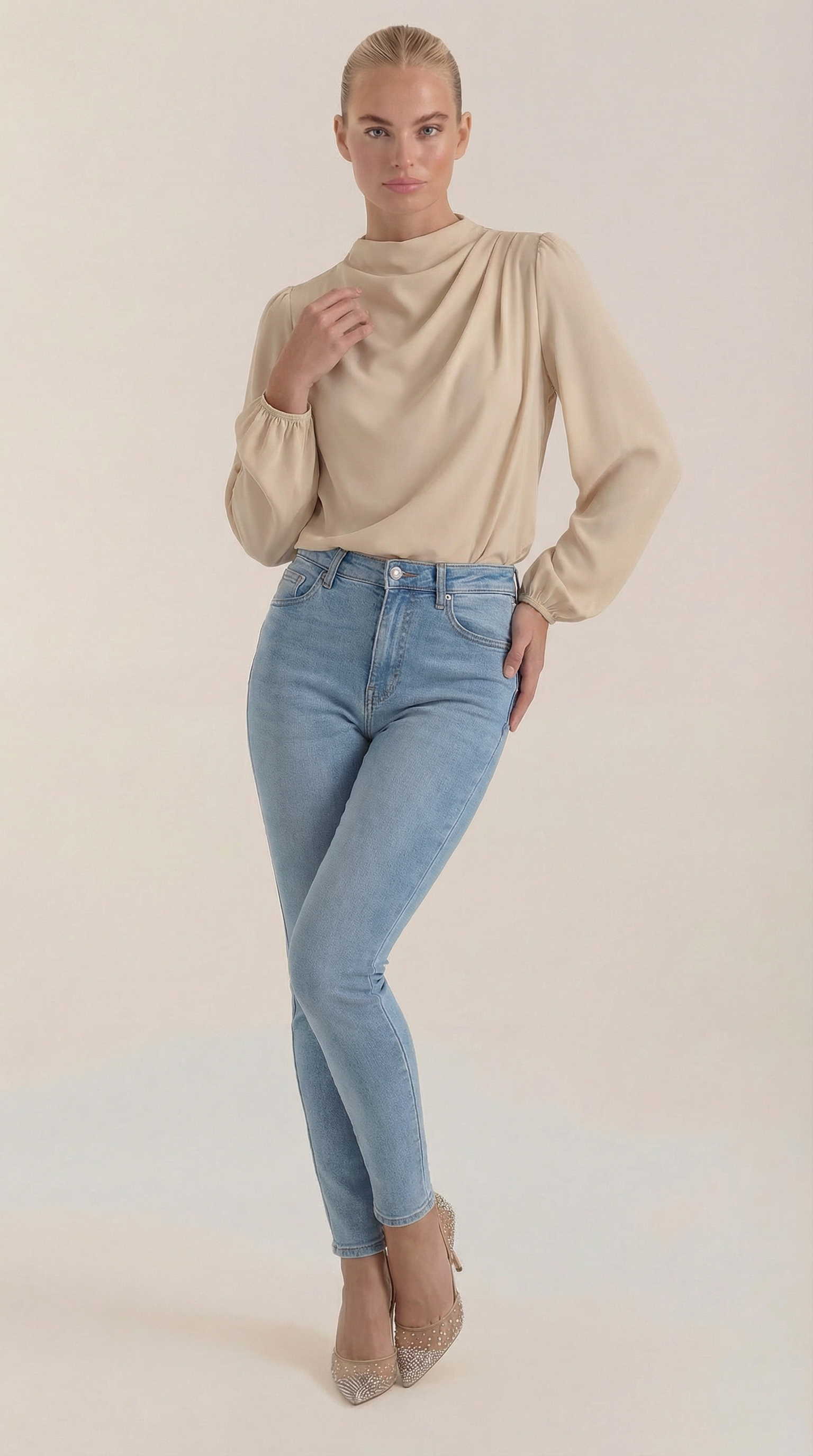 Marcia Women's Draped Relaxed Long Sleeve Blouse - Beige