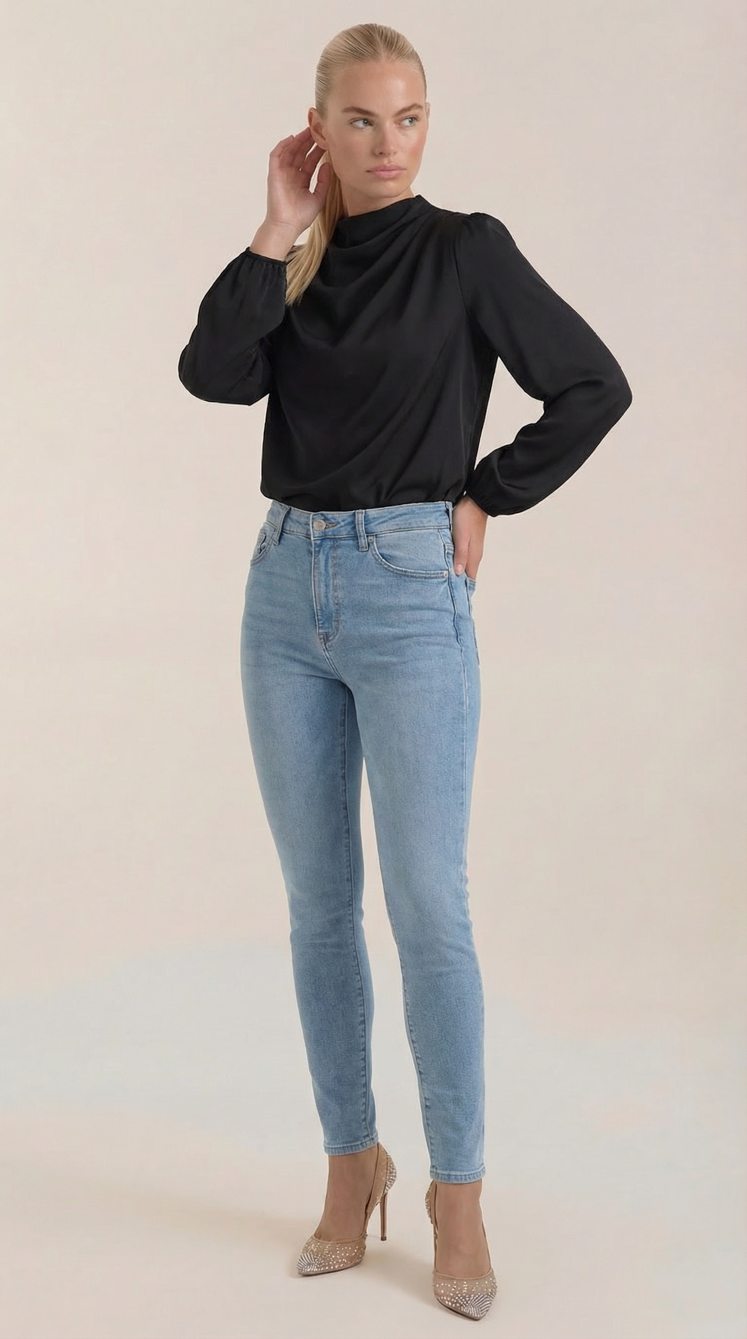 Marcia Women's Draped Relaxed Long Sleeve Blouse - Black