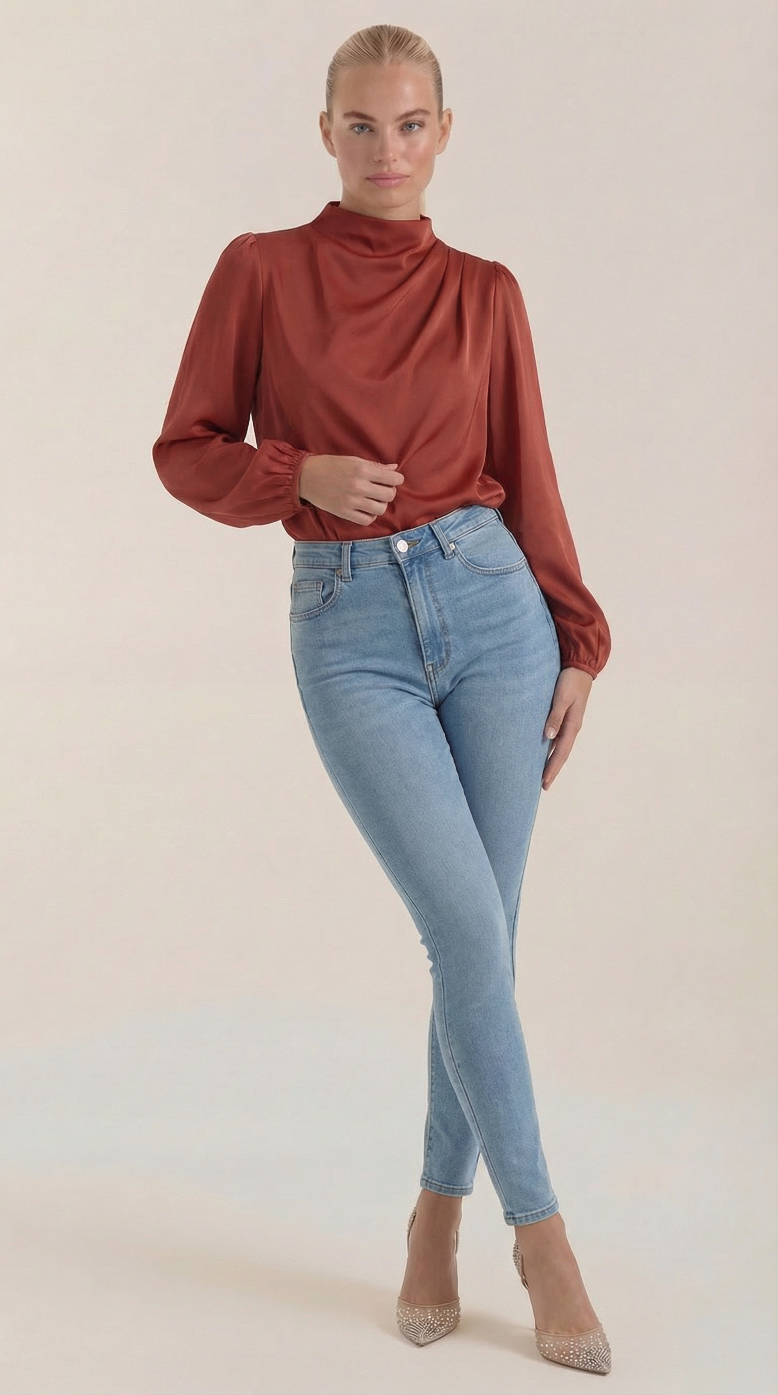 Marcia Women's Draped Relaxed Long Sleeve Blouse - Rose Gold