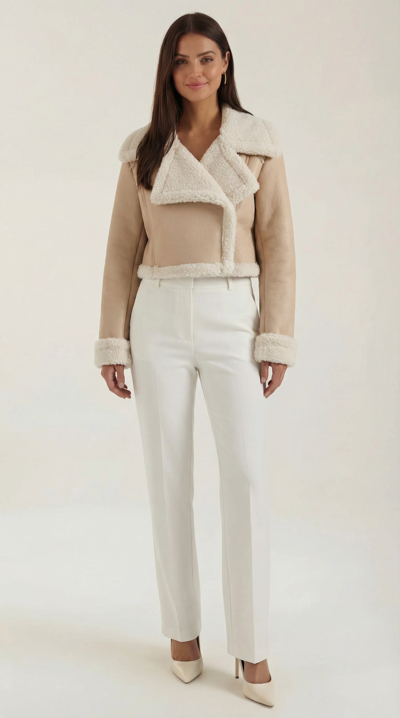 Marie Women's Cropped Faux Shearling Trim Aviator Jacket - Beige