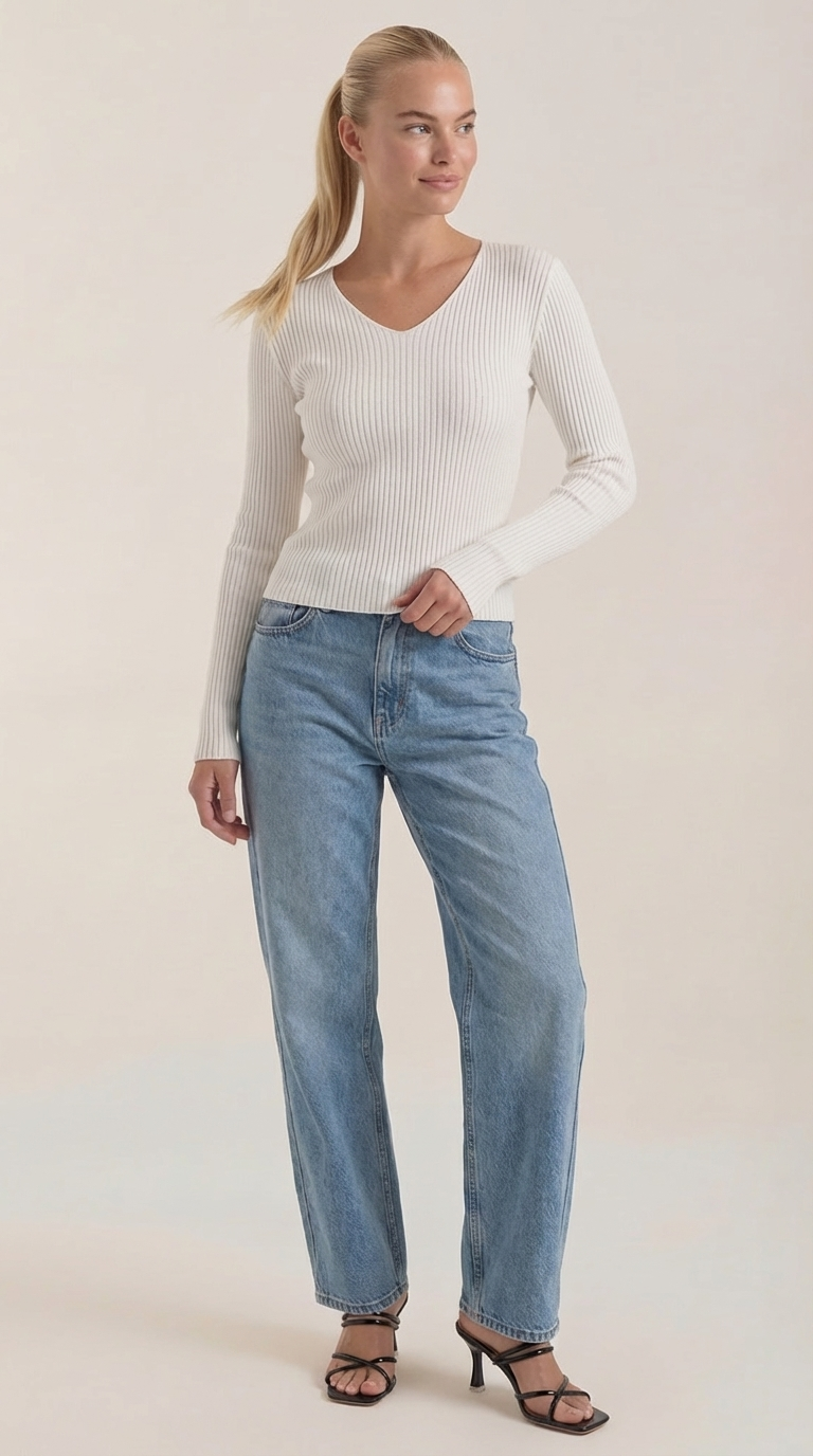 Michelle Women's Soft Ribbed V-Neck Knit Jumper - White