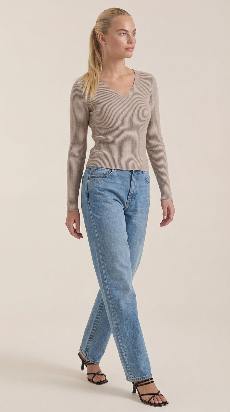 Michelle Women's Soft Ribbed V-Neck Knit Jumper - Camel