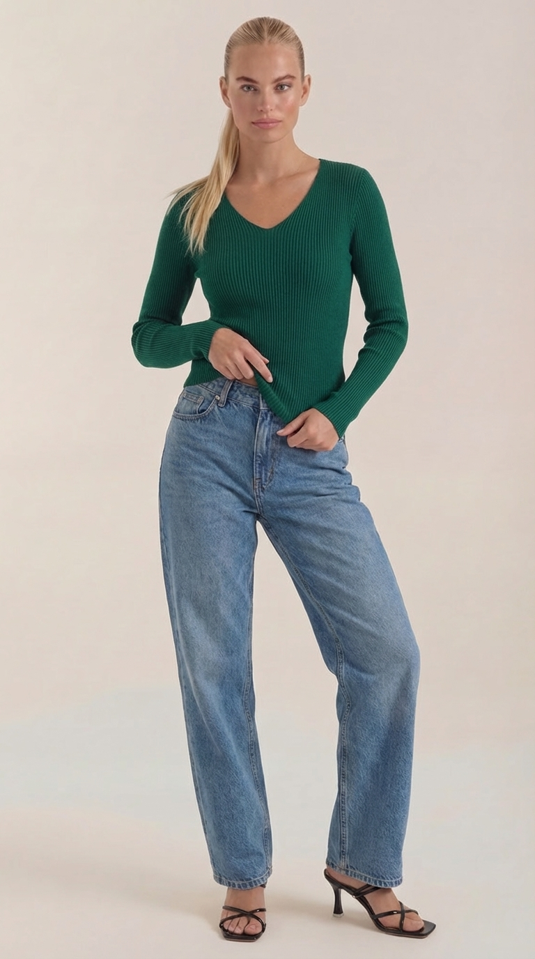 Michelle Women's Soft Ribbed V-Neck Knit Jumper - Dark Green