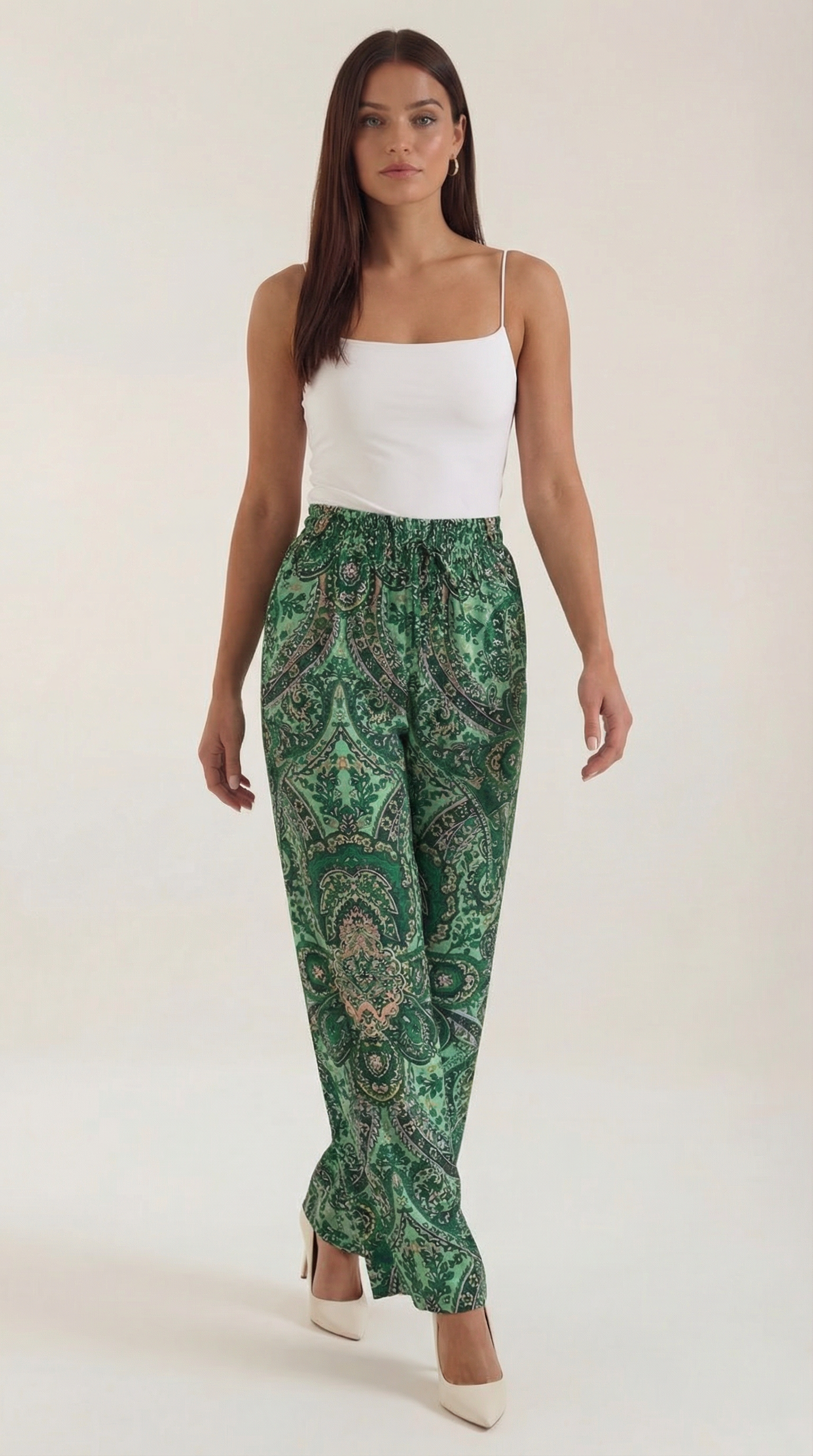 Pam Women's Flowy Wide Leg Paisley Print Trousers - Green