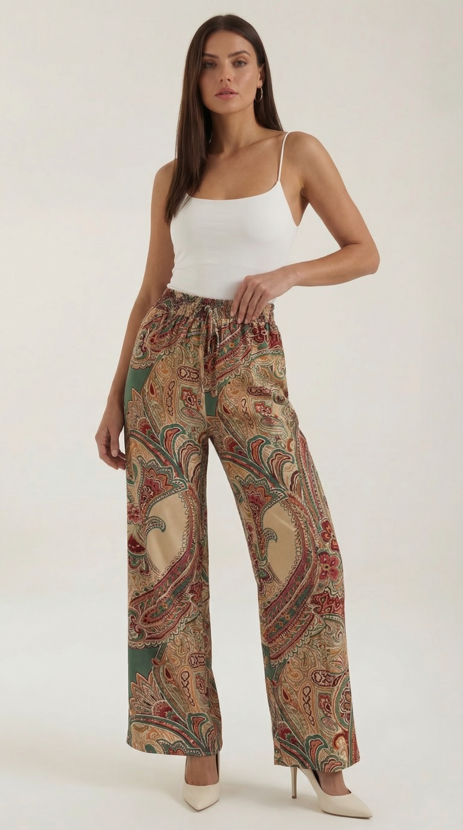 Pam Women's Flowy Wide Leg Paisley Print Trousers - Camel