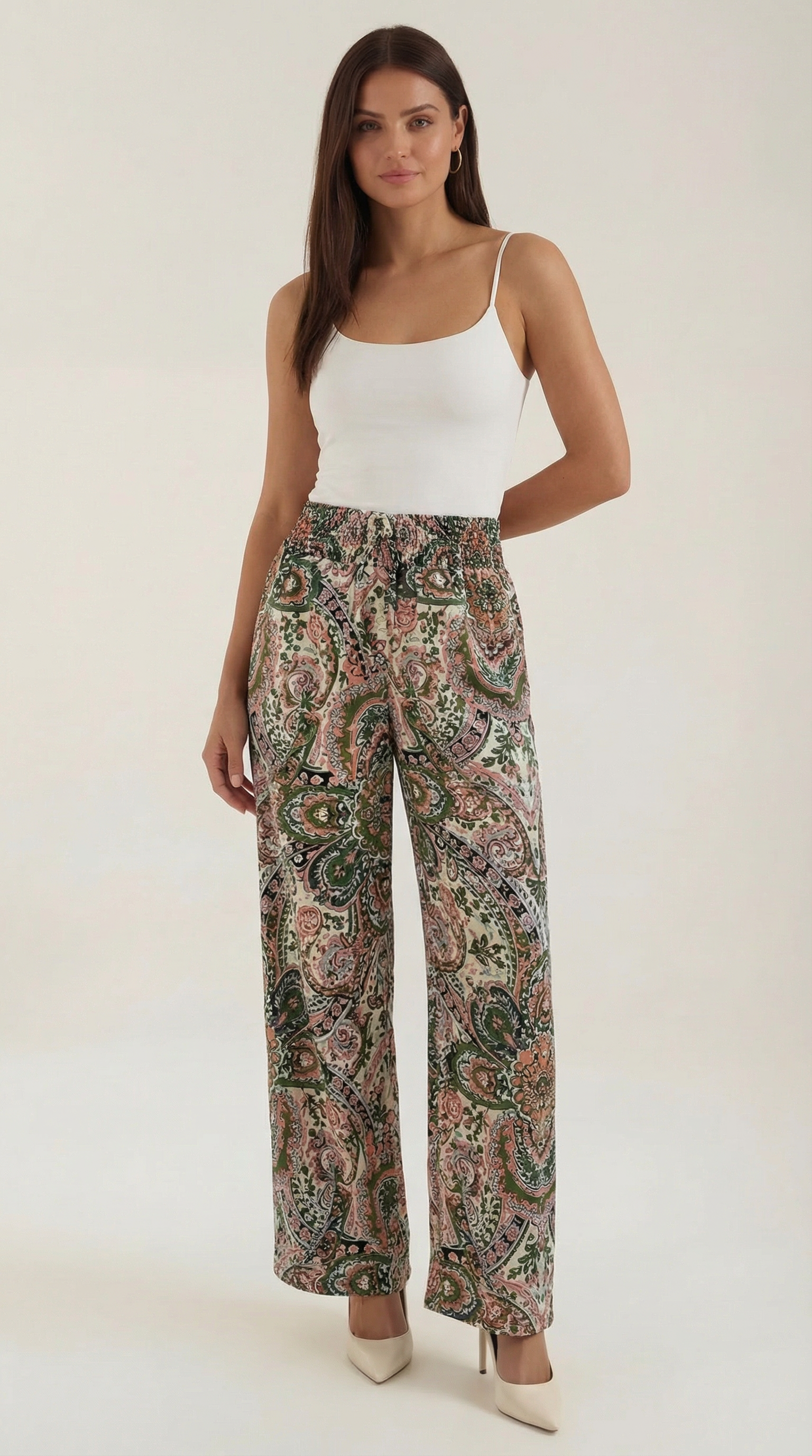 Pam Women's Flowy Wide Leg Paisley Print Trousers - Beige
