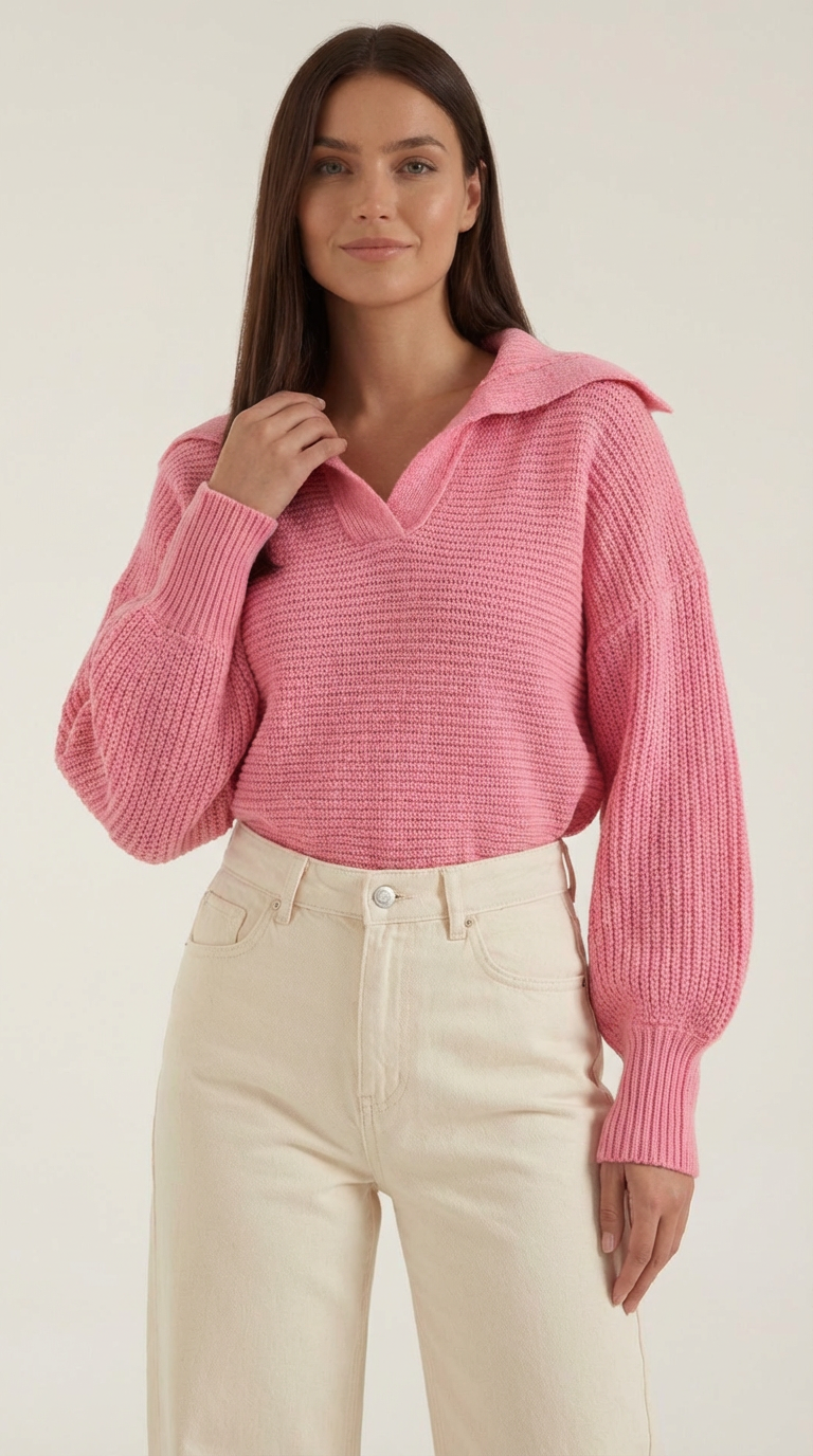 Pauline Women's Ribbed Collared Chunky Knit Jumper