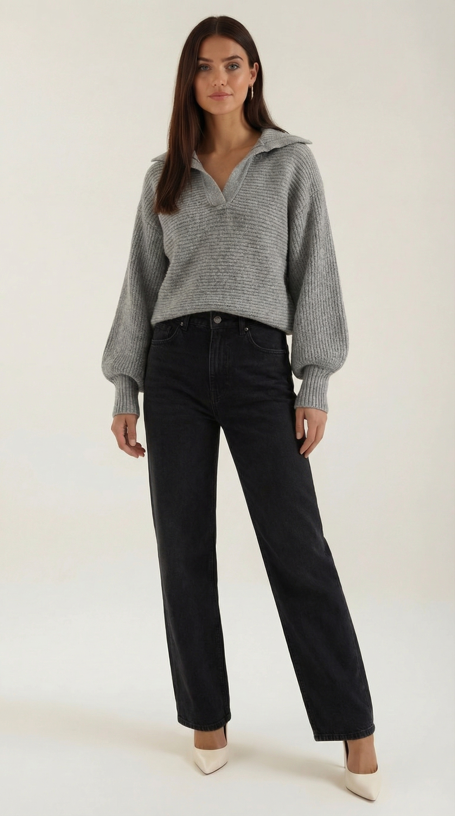 Pauline Women's Ribbed Collared Chunky Knit Jumper - Grey