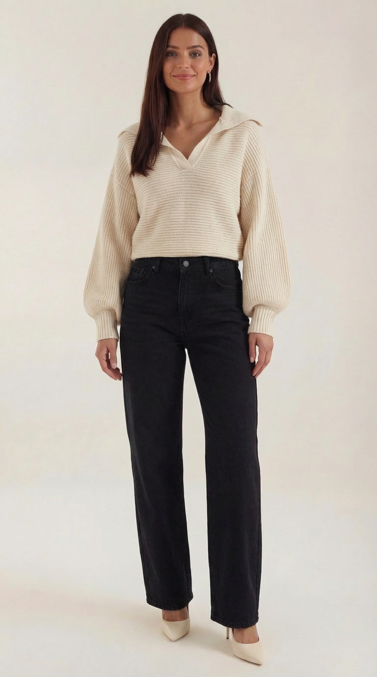 Pauline Women's Ribbed Collared Chunky Knit Jumper - Apricot