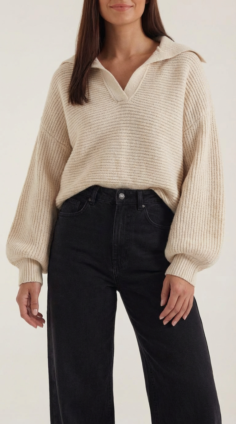 Pauline Women's Ribbed Collared Chunky Knit Jumper