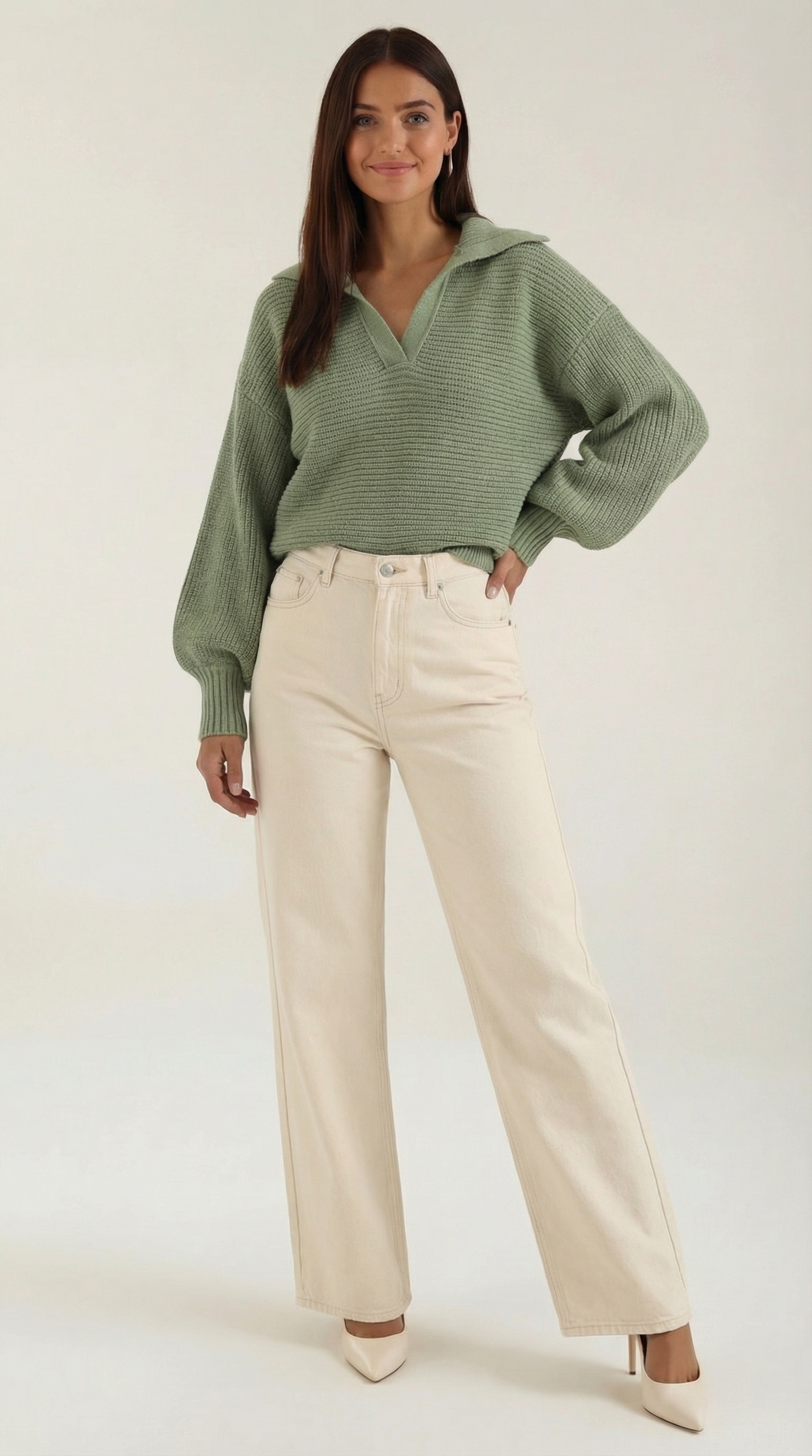 Pauline Women's Ribbed Collared Chunky Knit Jumper - Green