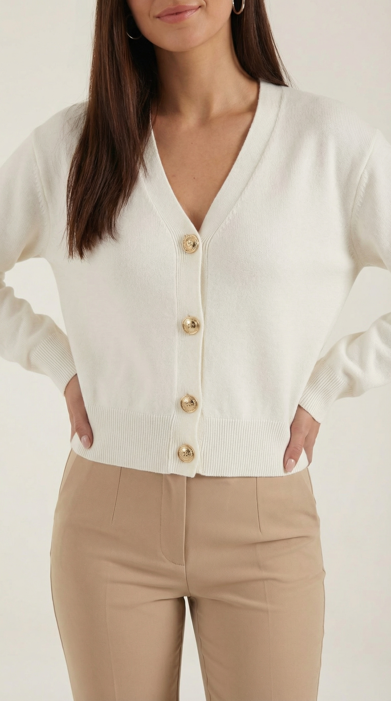 Phyllis Women's Cropped V-Neck Gold Button Knit Cardigan