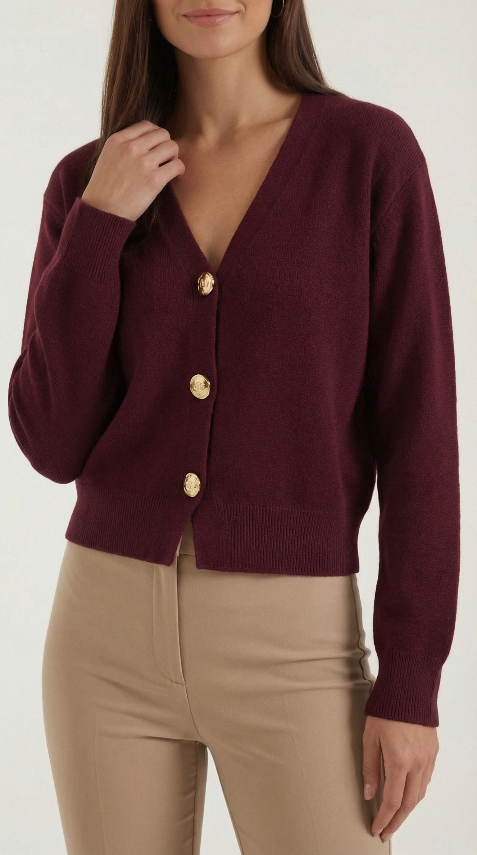 Phyllis Women's Cropped V-Neck Gold Button Knit Cardigan