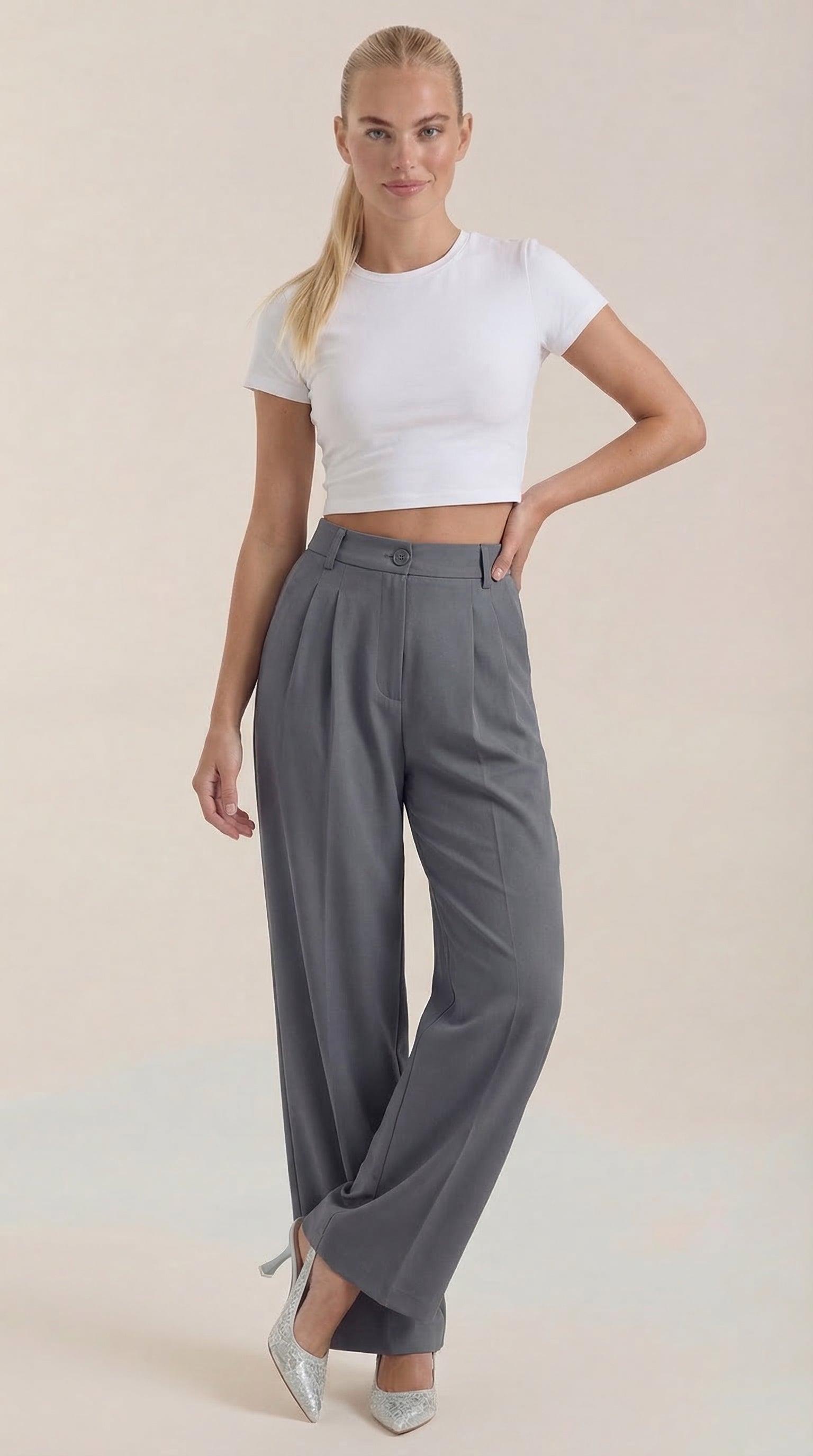 Rebecca Women's High Waist Wide-Leg Office Trousers - Grey