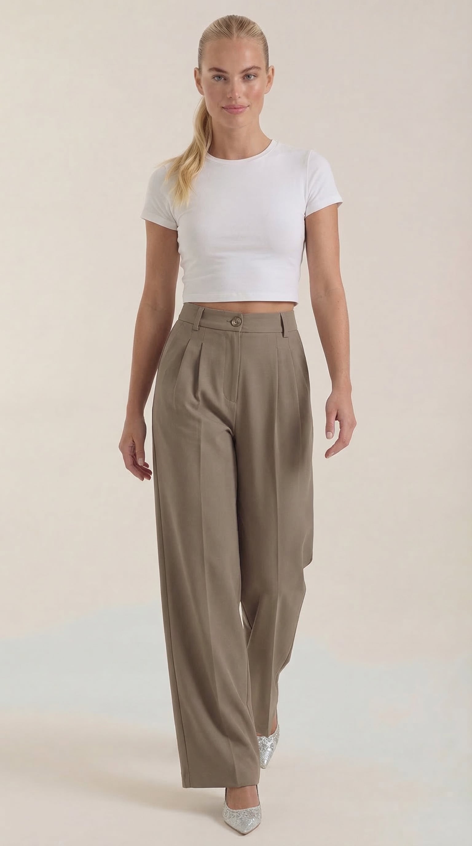 Rebecca Women's High Waist Wide-Leg Office Trousers - Khaki