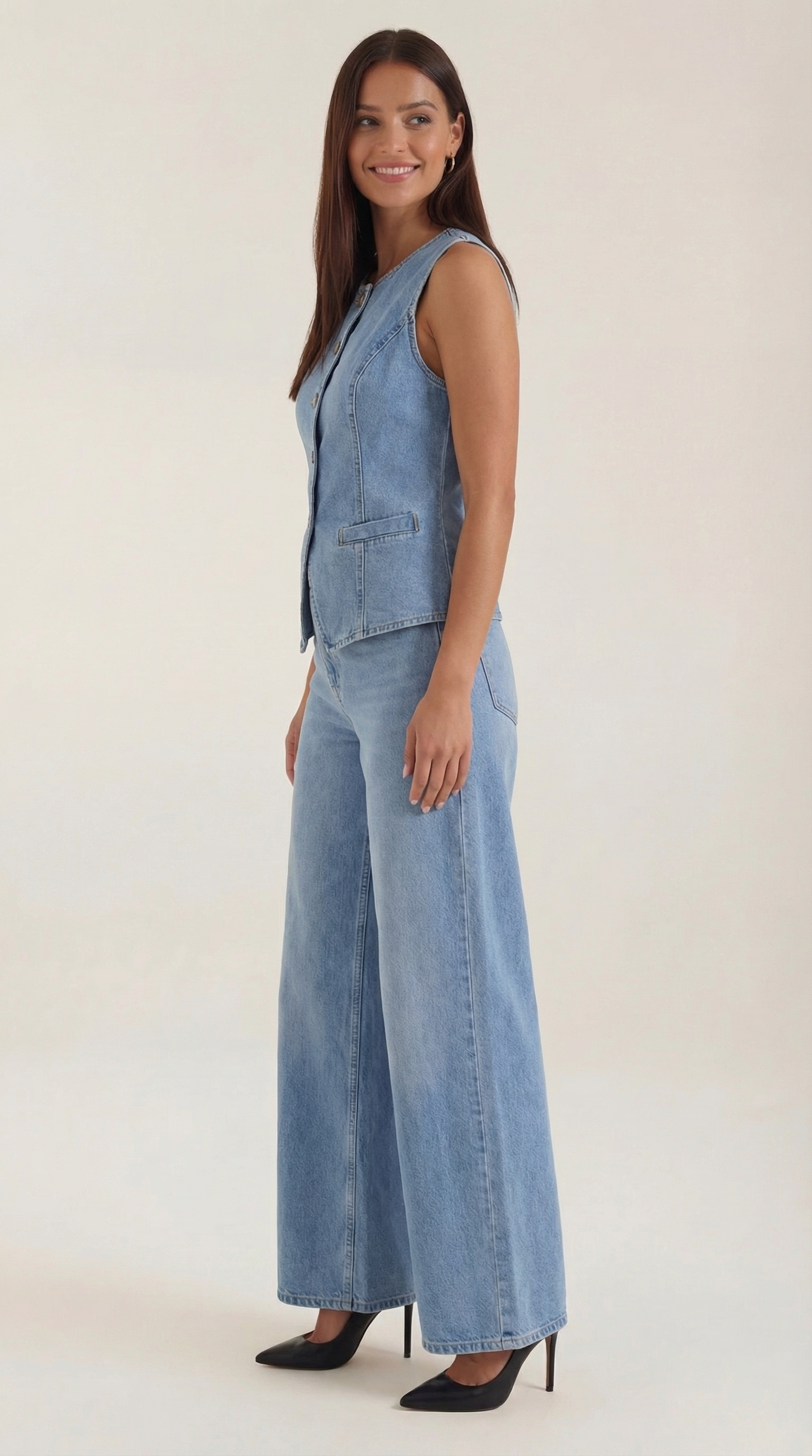 Rhonda Women's Denim Waistcoat and Wide Leg Trouser Set