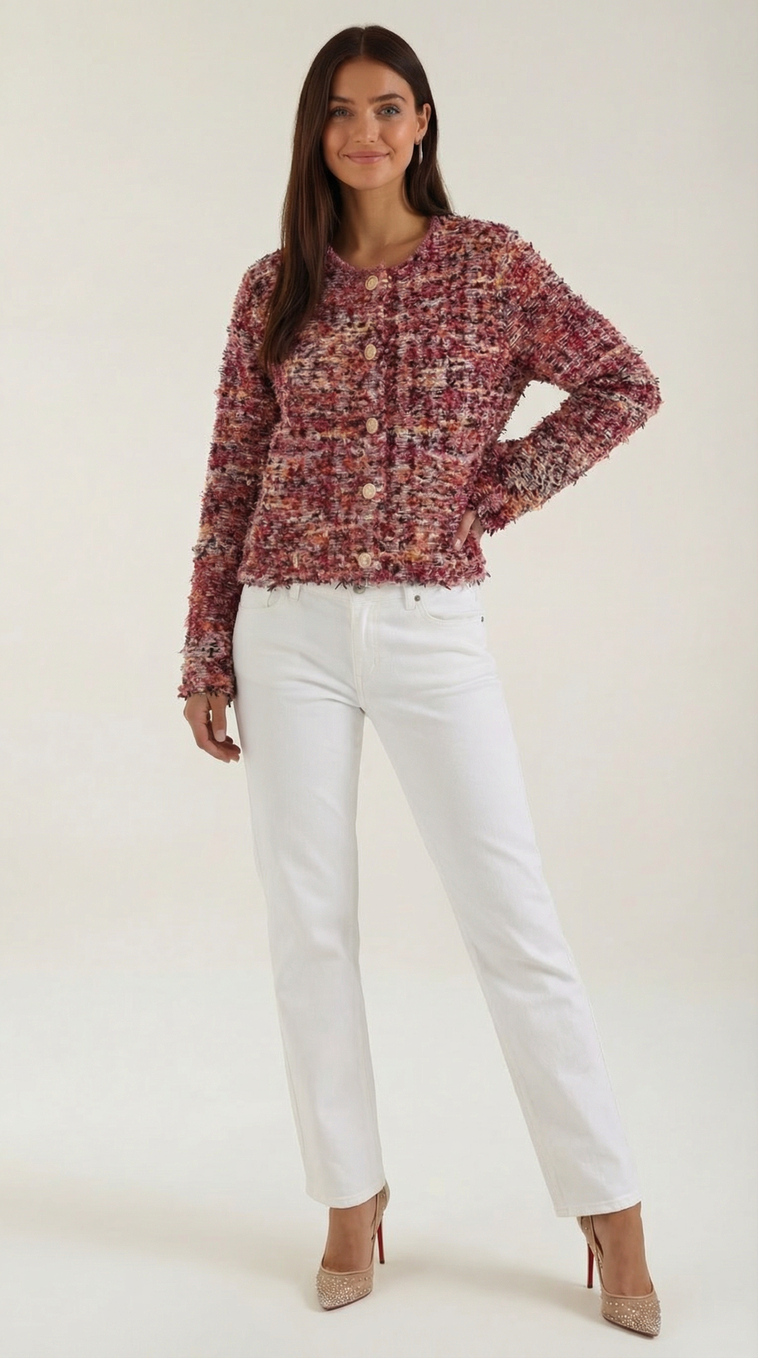 Rosaria Women's Cropped Boucle Knitted Cardigan - Burgundy