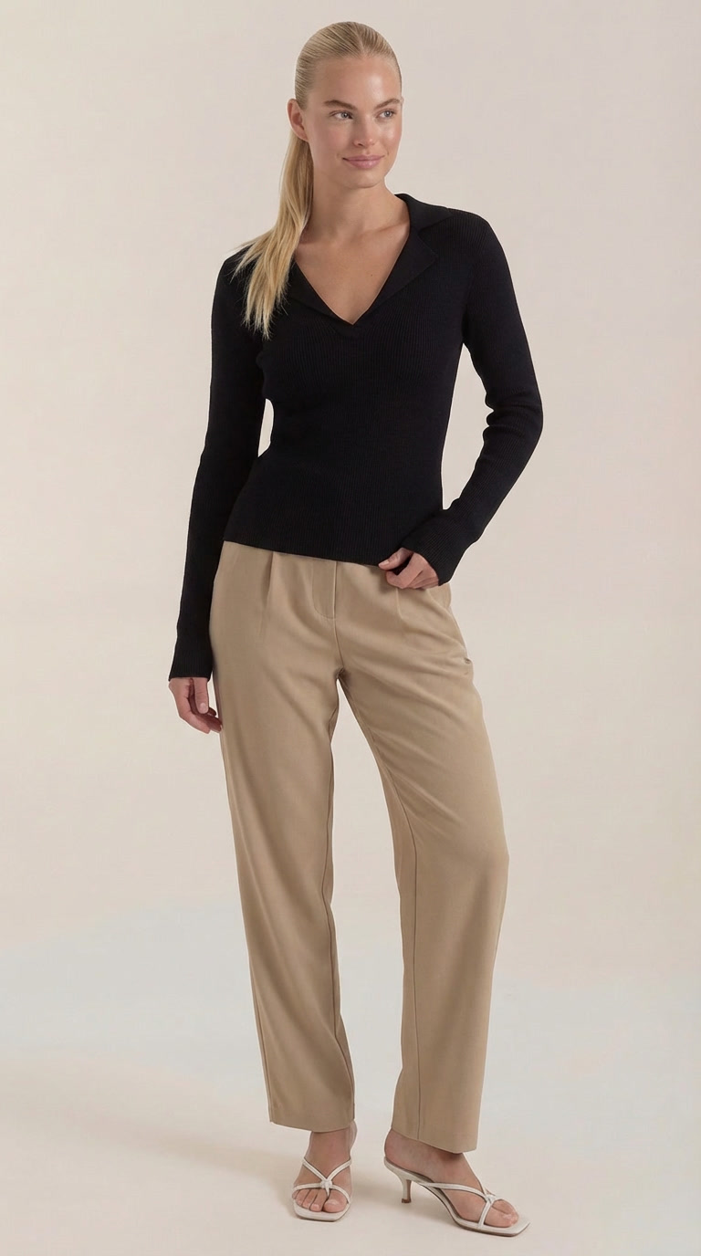 Sara Women's V-Neck Ribbed Collared Knit Jumper - Black