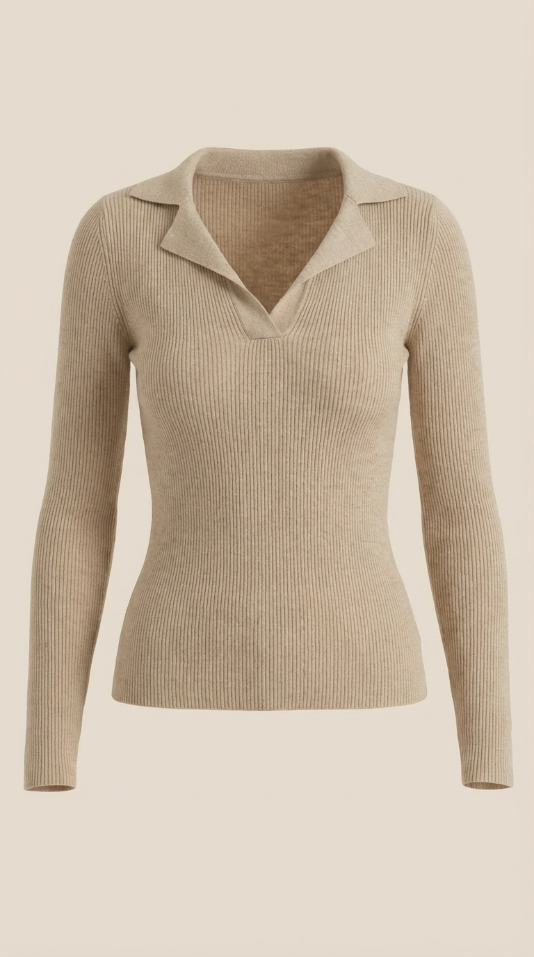 Sara Women's V-Neck Ribbed Collared Knit Jumper