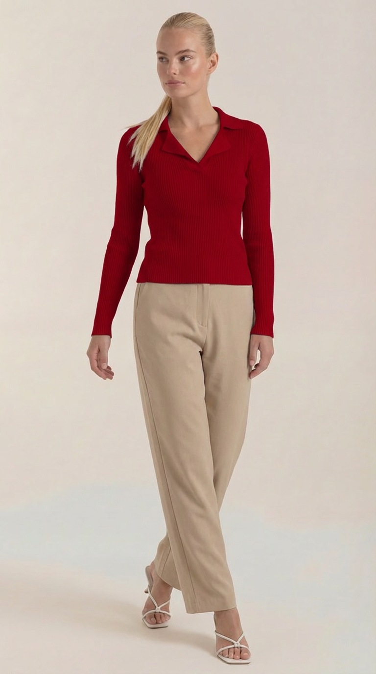 Sara Women's V-Neck Ribbed Collared Knit Jumper - Burgundy