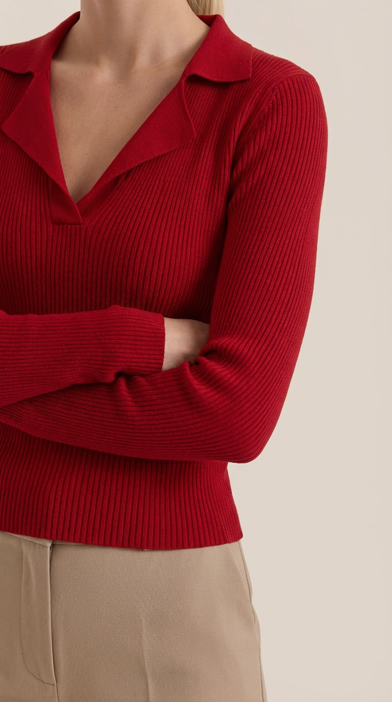 Sara Women's V-Neck Ribbed Collared Knit Jumper