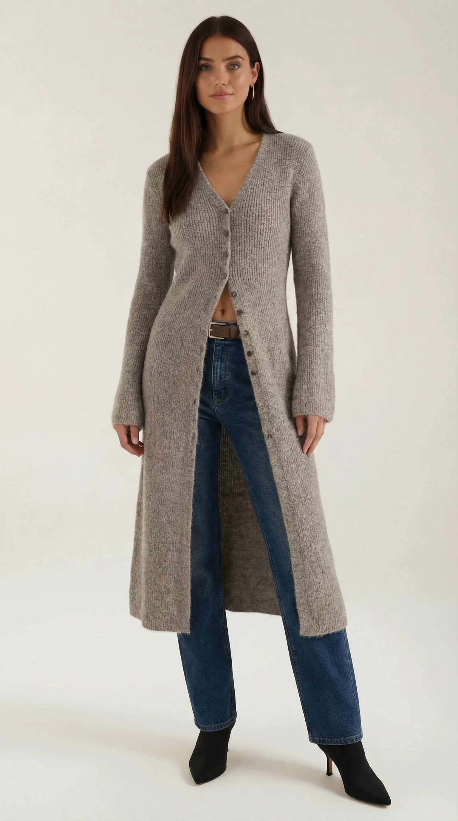 Valerie Women's Longline Ribbed V-Neck Maxi Cardigan - Khaki