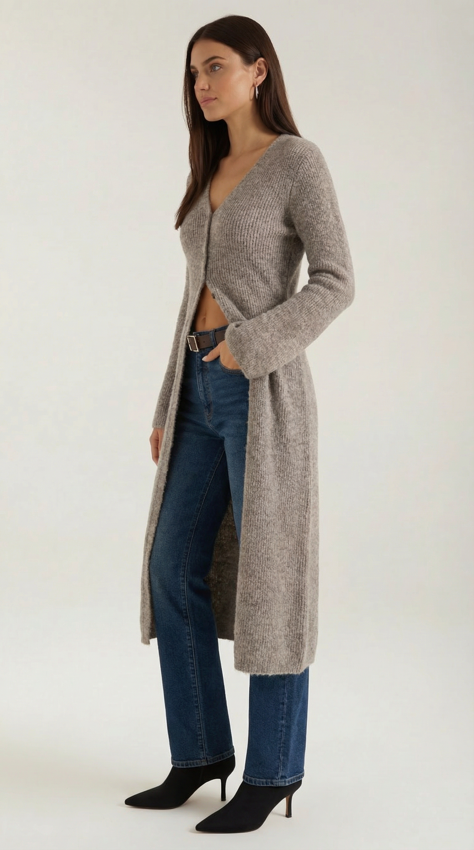 Valerie Women's Longline Ribbed V-Neck Maxi Cardigan