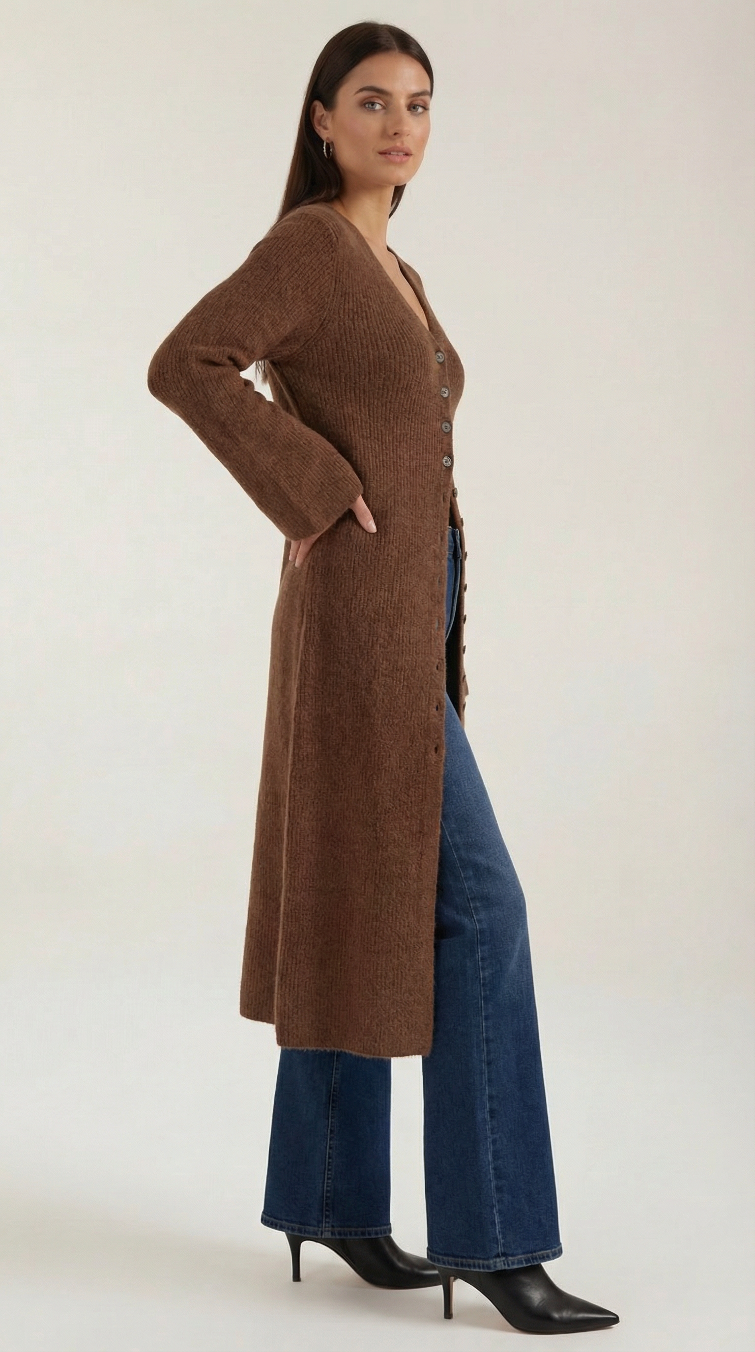 Valerie Women's Longline Ribbed V-Neck Maxi Cardigan