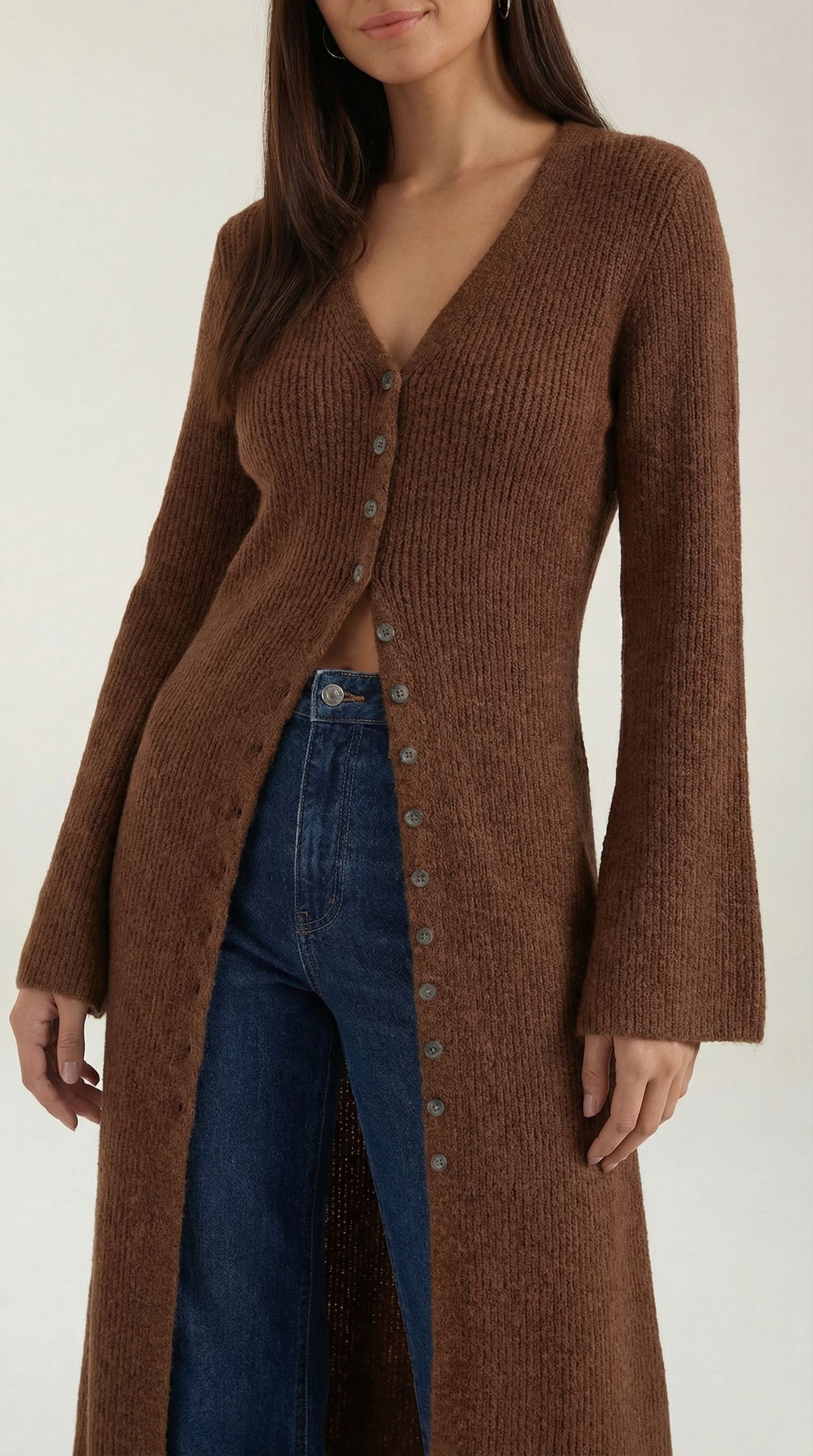 Valerie Women's Longline Ribbed V-Neck Maxi Cardigan