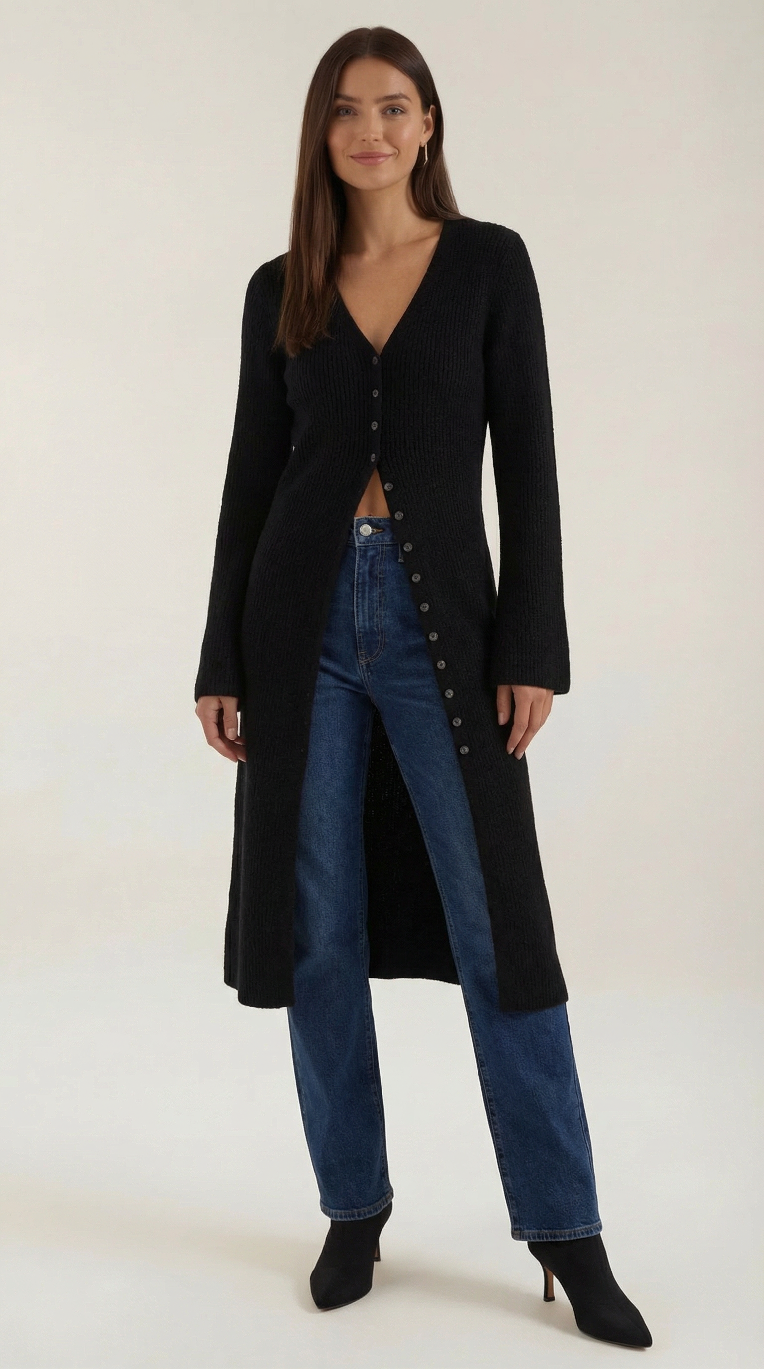 Valerie Women's Longline Ribbed V-Neck Maxi Cardigan - Black
